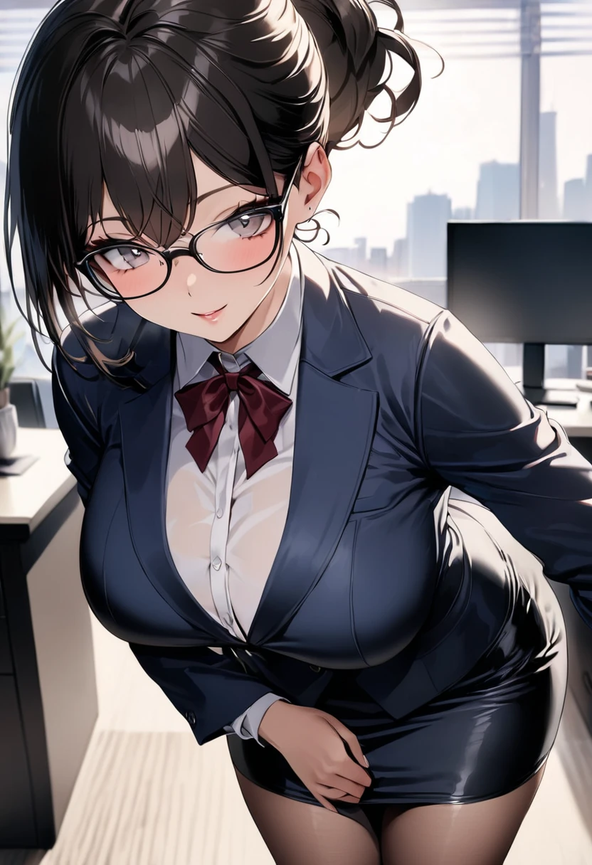 ((   best quality)), (( Masterpiece)), (    Details), (  1 Anime Girl   ),     sexy,   9 with dark hair and big breasts ０CM OL  ,     short ponytail ,    young woman,   OL with glasses  , (((  woman standing in office  ))) , (   woman in business suit  ),    pencil skirt