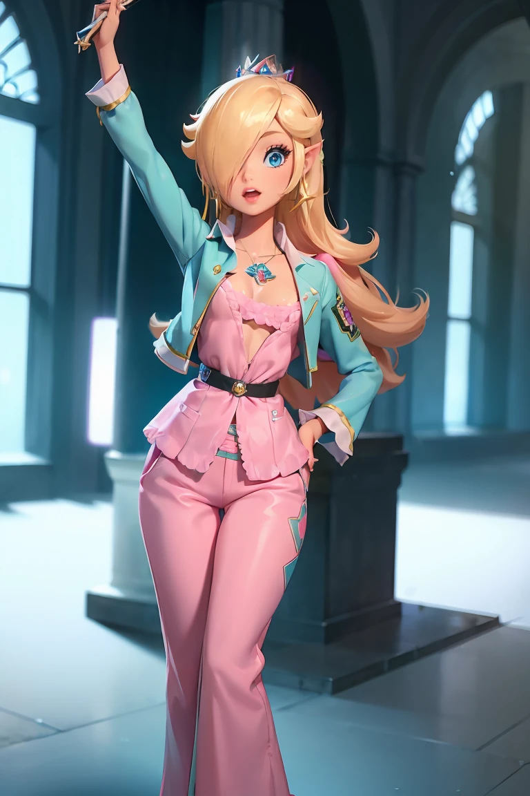 1girl, solo, tiny breast, open mouth, BarbieV1, rosalina, zelda, standing, dancing pole, jacket, pink hair, hand on hips, tatoo