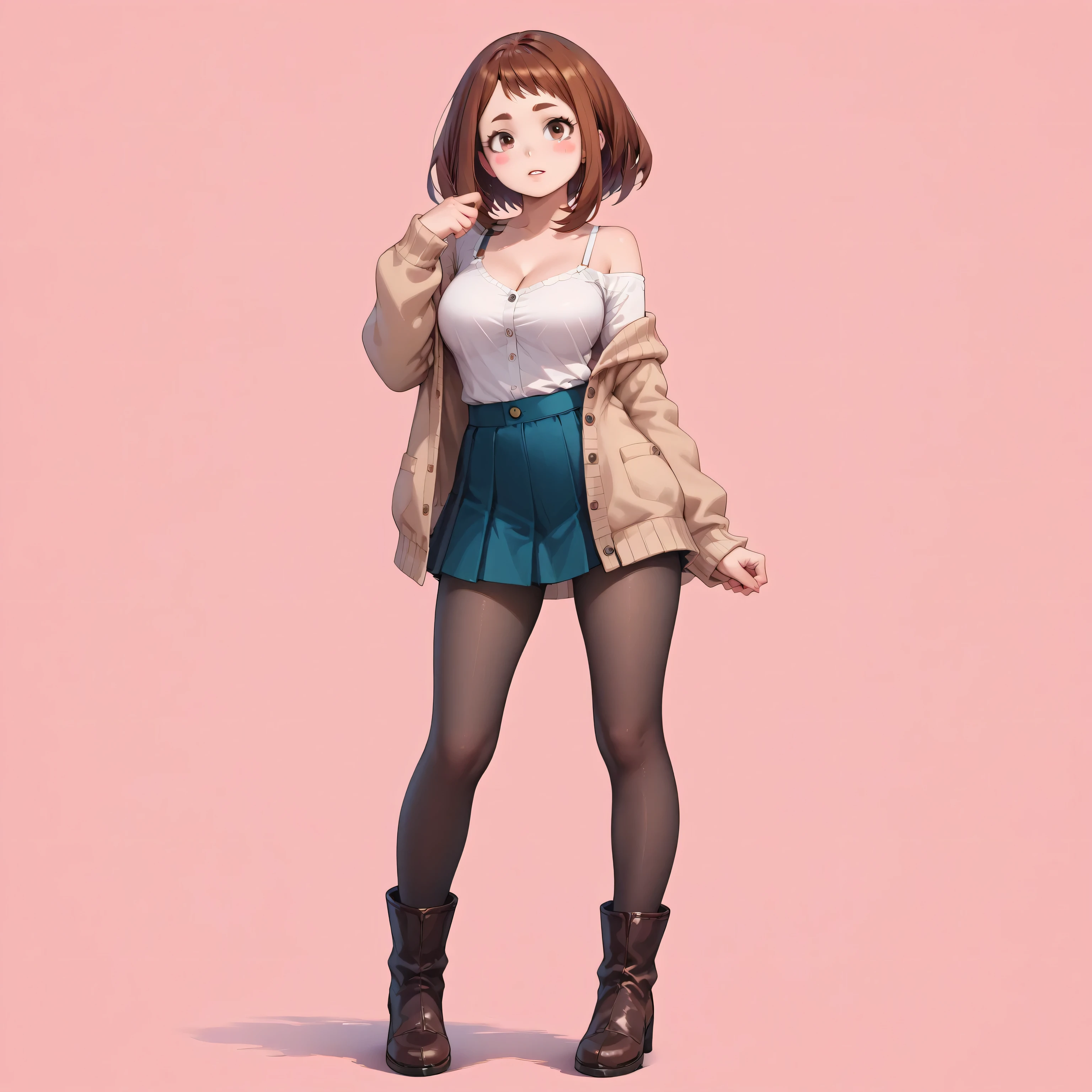 score_9, score_8_up, score_7_up, score_6_up, score_5_up, score_4_up, source_anime, hyper_realistic illustration, (solo), (full_body_shot:1.2), (full body)

ochako uraraka, brown eyes, brown hair, short hair, blush, blush stickers,solo focus, big breasts, bangs,blush

off-shoulder cardigan, underwear,pantyhose, black boots

dominant pose, seductive pose,



simple pink background
