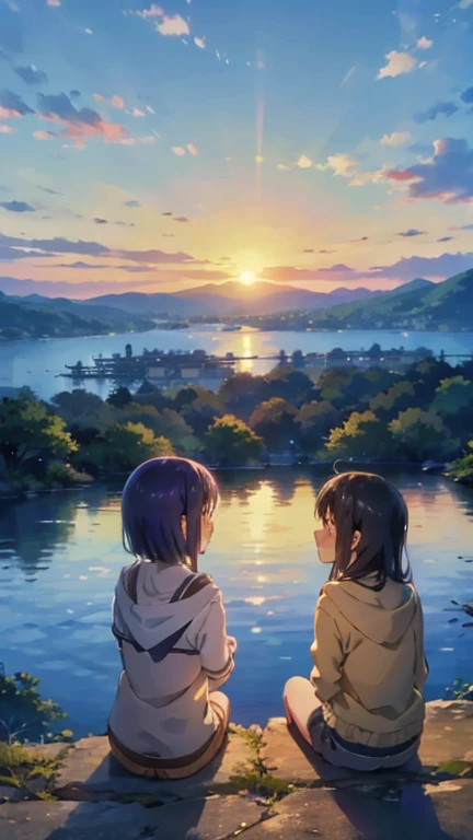  two girls、キスをしている two girls、Hill with a view of the sea、The sun goes down