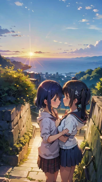  two girls、キスをしている two girls、Hill with a view of the sea、The sun goes down