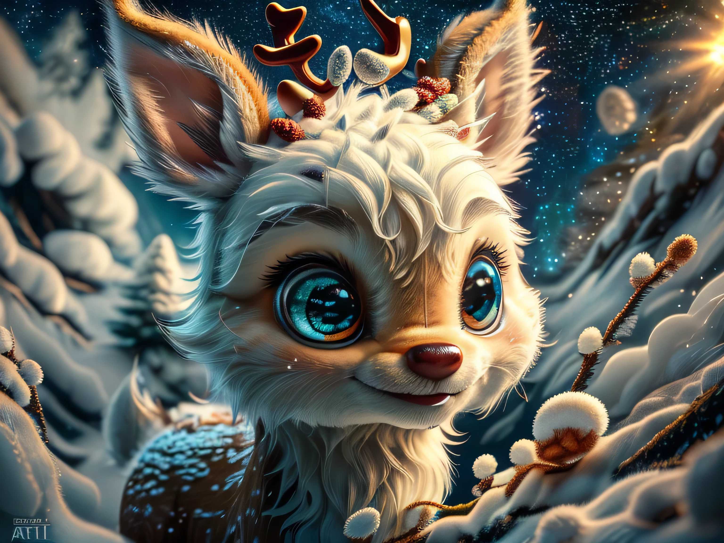 Magical Fantasy Creature, (Best Quality, Masterpiece, Representative Work, Official Art, Professional, Super Detailed, 8k:1.3), (Photorealism:1.2) Super Cute, Big Eyes, Soft, Soft Nose, Fluffy, Double-Toothed Smile, Aurorastyle, Highly detailed Dynamic shot of majestic adorable baby reindeer, high quality, beautiful masterpiece, fantasy creature, kawaii, digital art, glowing sparkles, Realistic, Beautiful, Stars in Eyes, Soft Volumetric Light, (Backlight:1.3), (Cinematic:1.2), Intricate Details, (ArtStation:1.3), --auto --s2