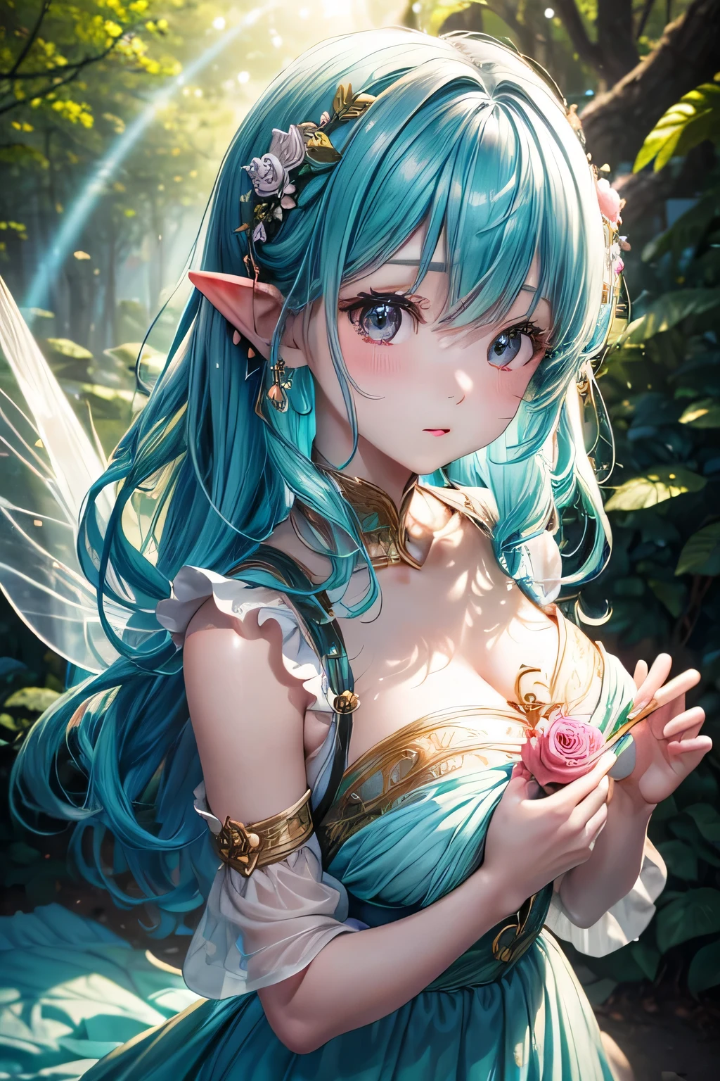An ethereal female figure with delicate, luminescent wings, surrounded by glowing, magical creatures in an enchanted forest
Subsurface skin scattering, shiny skin, iridescent dress, detailed background, ([Elizabeth Olsen|Anne Hathaway|Selena Gomez]:0.8), round cute face, green eyes, close-up, amazing fine detail, Nikon D850 film stock photograph Kodak Portra 400 camera f1.6 lens, rich colors, lifelike texture, dramatic lighting, unreal engine, trending on ArtStation, cinestill 800 tungsten
