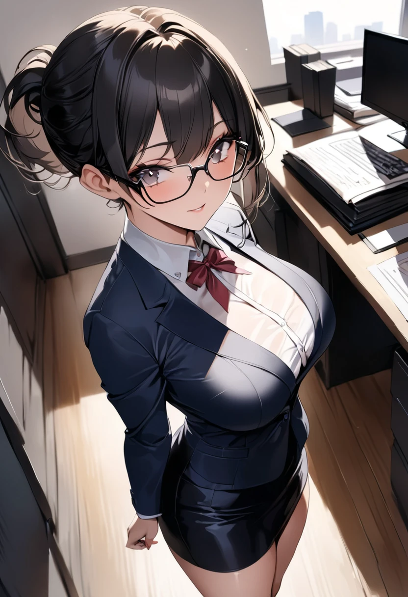 ((   best quality)), (( Masterpiece)), (    Details), (  1 Anime Girl   ),     sexy,   9 with dark hair and big breasts ０CM OL  ,     short ponytail ,    young woman,   OL with glasses  , (((  woman standing in office  ))) , (   woman in business suit  ),    pencil skirt