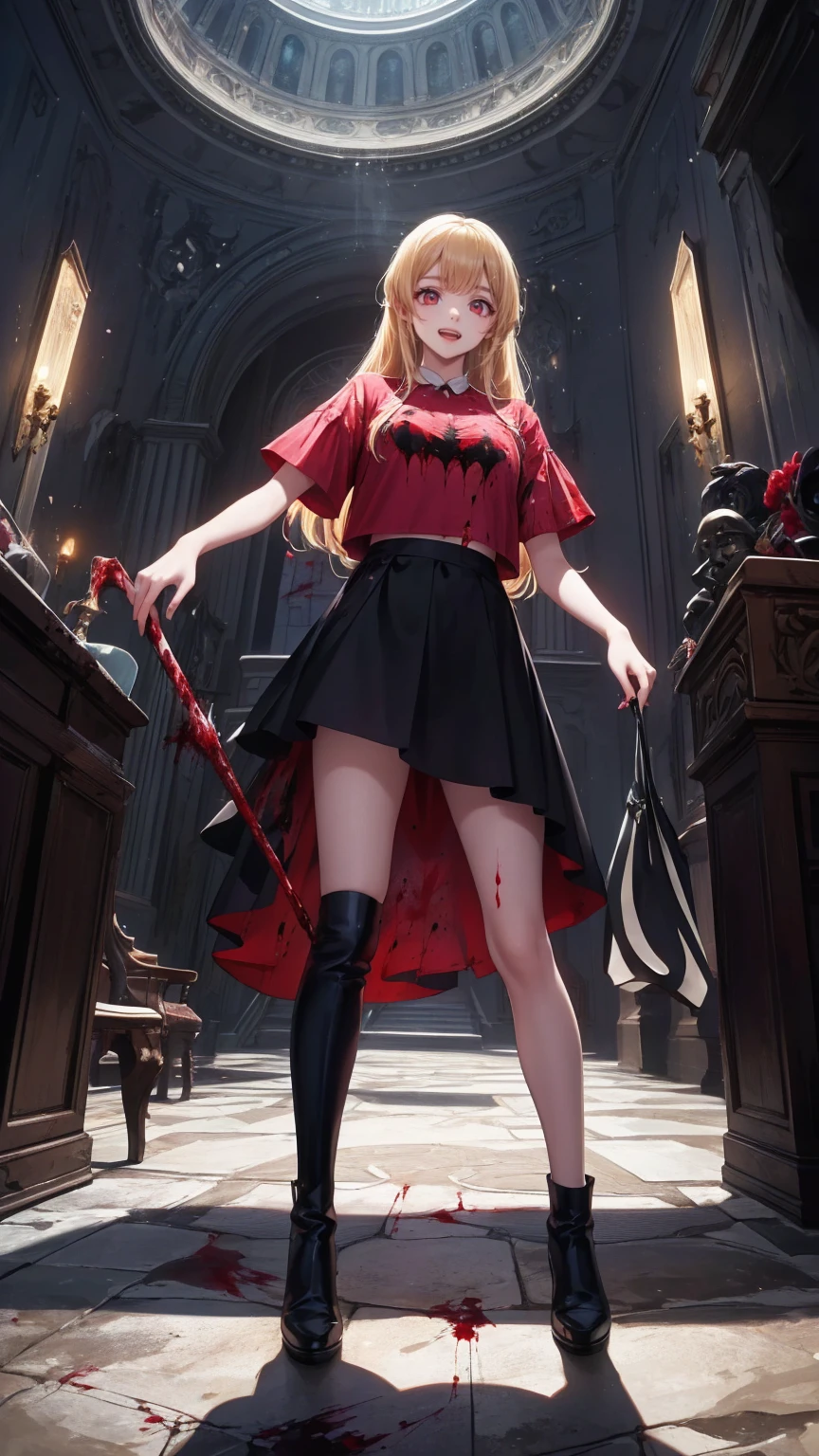 Shadowy Face　、beautiful girl、とてもcute天使、 pink t-shirt 、cute、baby face、smile、 Long Skirt、 BLACK LONG BOOTS 、.(  best quality ,4K, high definition ,  Masterpiece :1.2),  very detailed,Realistic:1.37,  Spooky altar background  ,Dark fantasy,Red Scheme ,Ominous atmosphere,Eye-catching,story,anatomy,Anime Style,  concept art,beautiful細部までこだわった顔と (((red eyes ))),A terrifying ritual ,Satan's Ritual  ,Premature death,Inappropriate behavior, smile ,Scythe Face,Girl Monster, beautiful,  delicate facial features,   sharp eye,  sharp fangs, pale Skin, Dark Background,   movie lights, Dramatic Shadows,  gothic,   Being in a Dark Atmosphere , Dark fantasy, 1 person&#39;S,  please open your mouth wide ,  In the dark atmosphere of 。 open your mouth and peel your fangs  , Beastly Sharp Teeth , Wide lips, Very big mouth,  red cheeks , ,( Blood Splatter :1.4),Scary smile, smile, angel design , TwiSted smile、Bloody、Head bleeding,,,,,、 Blood Splatter 、,( Blood Splatter :1.4), skull bones,devil&#39;s gun,Horror Style, (( Fantasy Sweet Taffle Ruffle Pink Costume)), ((  Flowing blonde hair  )), ,( Blood Splatter :1.4),Female Curves,  sexy flat stomach ,   perfect hand, Perfect anime face, (Pink Tata Dress)),  standing, ((悪のsmile)), ,( Blood Splatter :1.4), Steam circulation, Moonlight Illumination, night lighting, ( Blood Splatter :1.6),アニメ angel design , TwiSted smile、Bloody、Head bleeding,,,,,、 Blood Splatter 、,( Blood Splatter :1.4),  skull bones,Gothic architecture、Western architecture、  fantasy world  、,Victorian city, Skeleton Gas Light, absurd,  high definition 、 ((   table top naked underneath the jacket)), ((  best quality )), (  very detailedな), ((  very detailed)), (beautiful), ((cute)), (NFSW:1.8), Alone,(:1.6)、(world&#39;最も恐ろしく気味の悪いdevilの女の子:1.5)beautiful face、  Full Body Esbian 、pale, beautiful肌、beautiful金の髪、smile gently、Dark building ruins、(snow white&#39; ruffle dress:1.3)、( Dark Ruins Are Stained with Blood :1.3)、Low angle full body shot、(少女は血の海の中に standing:1.5)、(The ground :1.3)、( that girl lost a ton of blood ....:1.3)、( smile :1.6)、Spirit、( Blood dripping from the mouth :1.3)、
