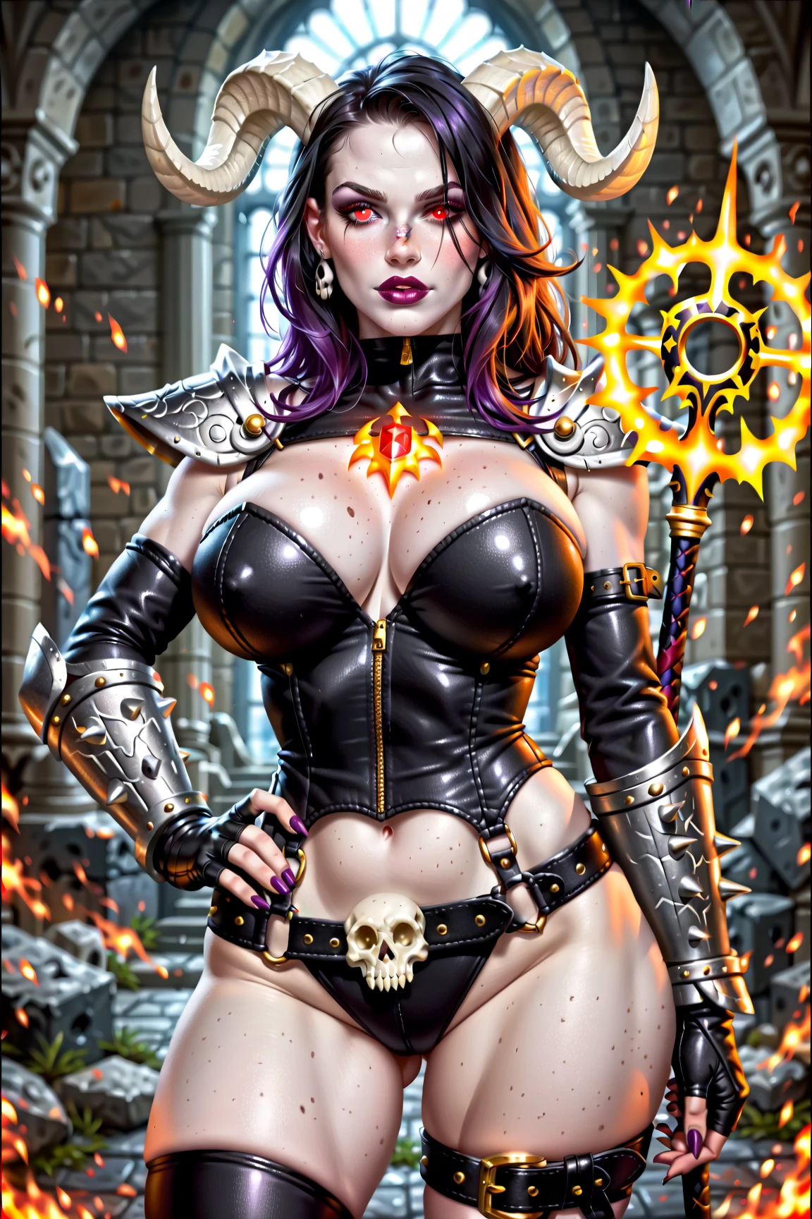 A female warrior mage with a perfect curvy body, detailed face, detailed eyes, detailed lips, detailed chest, highest quality, masterpiece, (pearly white skin:1.5), long straight inky black hair, (glowing red eyes:1.2), wearing black leather chest armor (over purple silk short-sleeved tunic (red symbol on left side of chest)), narrow shoulders, (silver spiked skull pauldron over left shoulder), large breasts, full breasts, perky breasts, perfect breasts, covered erect nipples, (left arm covered in black dragon scales ending in clawed hand), (left forearm covered with horned animal skull), (left hand has fingerless black leather glove with metal plate with glowing orange glyph on the back), right forearm covered in black leather bracer, right hand wields long rapier sword (with a gold skull crosspiece above the hilt), brown leather belt across waist with brown leather wrapped hilt hanging from left hip, tiny waist, large hips, baggy black silk leggings with red glyphs forming a pattern across their surface, metal greaves