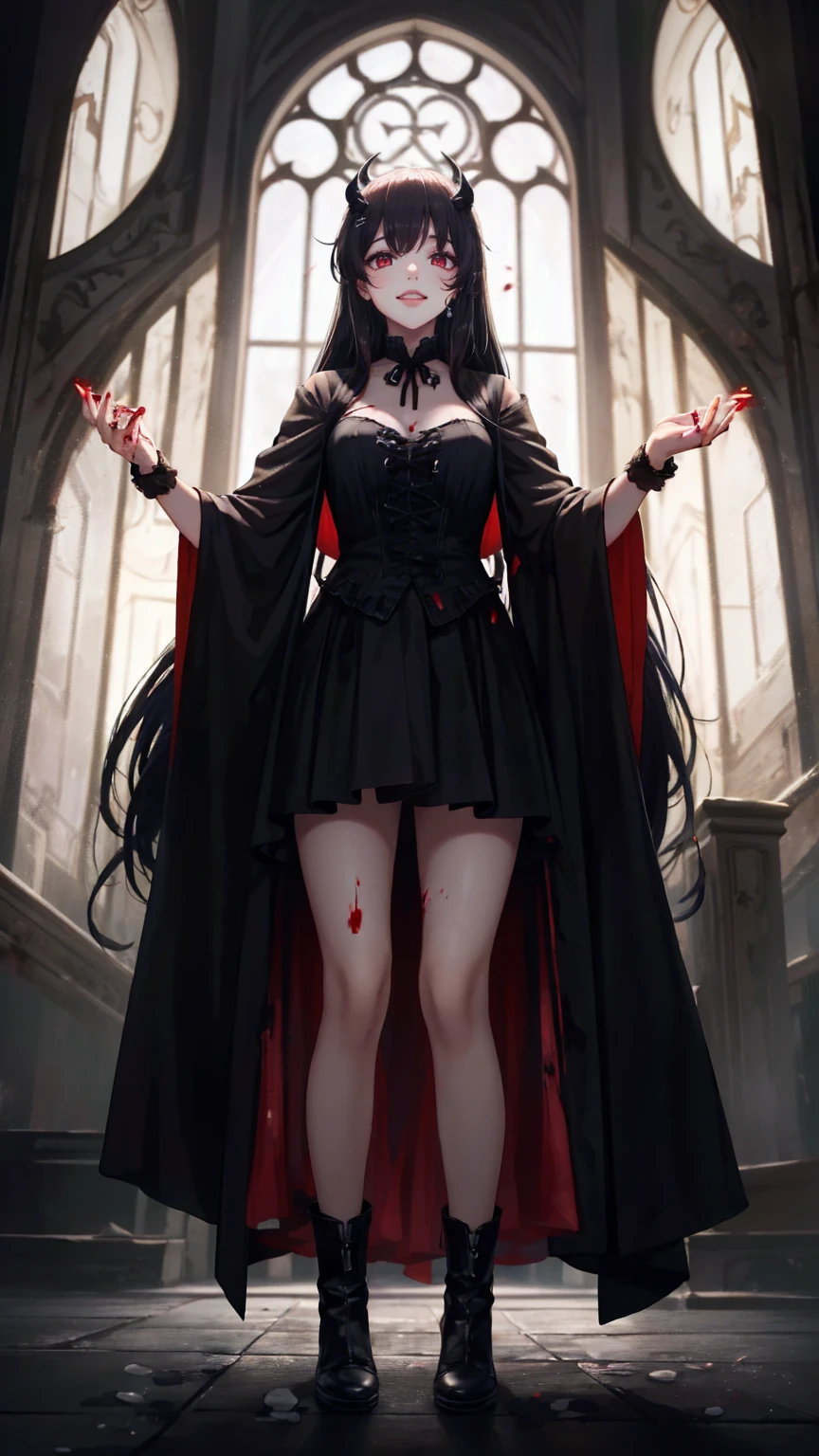 Shadowy Face　、beautiful girl、とてもcute天使、 pink t-shirt 、cute、baby face、smile、 Long Skirt、 BLACK LONG BOOTS 、.(  best quality ,4K, high definition ,  Masterpiece :1.2),  very detailed,Realistic:1.37,  Spooky altar background  ,Dark fantasy,Red Scheme ,Ominous atmosphere,Eye-catching,story,anatomy,Anime Style,  concept art,beautiful細部までこだわった顔と (((red eyes ))),A terrifying ritual ,Satan's Ritual  ,Premature death,Inappropriate behavior, smile ,Scythe Face,Girl Monster, beautiful,  delicate facial features,   sharp eye,  sharp fangs, pale Skin, Dark Background,   movie lights, Dramatic Shadows,  gothic,   Being in a Dark Atmosphere , Dark fantasy, 1 person&#39;S,  please open your mouth wide ,  In the dark atmosphere of 。 open your mouth and peel your fangs  , Beastly Sharp Teeth , Wide lips, Very big mouth,  red cheeks , ,( Blood Splatter :1.4),Scary smile, smile, angel design , TwiSted smile、Bloody、Head bleeding,,,,,、 Blood Splatter 、,( Blood Splatter :1.4), skull bones,devil&#39;s gun,Horror Style, (( Fantasy Sweet Taffle Ruffle Pink Costume)), ((  Flowing blonde hair  )), ,( Blood Splatter :1.4),Female Curves,  sexy flat stomach ,   perfect hand, Perfect anime face, (Pink Tata Dress)),  standing, ((悪のsmile)), ,( Blood Splatter :1.4), Steam circulation, Moonlight Illumination, night lighting, ( Blood Splatter :1.6),アニメ angel design , TwiSted smile、Bloody、Head bleeding,,,,,、 Blood Splatter 、,( Blood Splatter :1.4),  skull bones,Gothic architecture、Western architecture、  fantasy world  、,Victorian city, Skeleton Gas Light, absurd,  high definition 、 ((   table top naked underneath the jacket)), ((  best quality )), (  very detailedな), ((  very detailed)), (beautiful), ((cute)), (NFSW:1.8), Alone,(:1.6)、(world&#39;最も恐ろしく気味の悪いdevilの女の子:1.5)beautiful face、  Full Body Esbian 、pale, beautiful肌、beautiful金の髪、smile gently、Dark building ruins、(snow white&#39; ruffle dress:1.3)、( Dark Ruins Are Stained with Blood :1.3)、Low angle full body shot、(少女は血の海の中に standing:1.5)、(The ground :1.3)、( that girl lost a ton of blood ....:1.3)、( smile :1.6)、Spirit、( Blood dripping from the mouth :1.3)、
