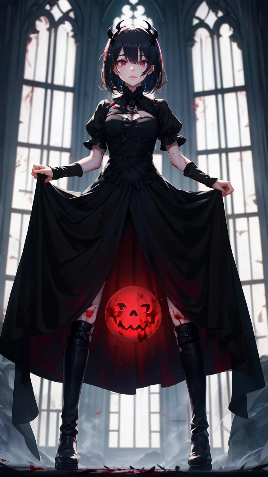 Shadowy Face　、beautiful girl、とてもcute天使、 pink t-shirt 、cute、、smile、 Long Skirt、 BLACK LONG BOOTS 、.(  best quality ,4K, high definition ,  Masterpiece :1.2),  very detailed,Realistic:1.37,  Spooky altar background  ,Dark fantasy,Red Scheme ,Ominous atmosphere,Eye-catching,story,anatomy,Anime Style,  concept art,beautiful細部までこだわった顔と (((red eyes ))),A terrifying ritual ,Satan's Ritual  ,Premature death,Inappropriate behavior, smile ,Scythe Face,Girl Monster, beautiful,  delicate facial features,   sharp eye,  sharp fangs, pale Skin, Dark Background,   movie lights, Dramatic Shadows,  gothic,   Being in a Dark Atmosphere , Dark fantasy, 1 person&#39;S,  please open your mouth wide ,  In the dark atmosphere of 。 open your mouth and peel your fangs  , Beastly Sharp Teeth , Wide lips, Very big mouth,  red cheeks , ,( Blood Splatter :1.4),Scary smile, smile, angel design , TwiSted smile、Bloody、Head bleeding,,,,,、 Blood Splatter 、,( Blood Splatter :1.4), skull bones,devil&#39;s gun,Horror Style, (( Fantasy Sweet Taffle Ruffle Pink Costume)), ((  Flowing blonde hair  )), ,( Blood Splatter :1.4),Female Curves,  sexy flat stomach ,   perfect hand, Perfect anime face, (Pink Tata Dress)),  standing, ((悪のsmile)), ,( Blood Splatter :1.4), Steam circulation, Moonlight Illumination, night lighting, ( Blood Splatter :1.6),アニメ angel design , TwiSted smile、Bloody、Head bleeding,,,,,、 Blood Splatter 、,( Blood Splatter :1.4),  skull bones,Gothic architecture、Western architecture、  fantasy world  、,Victorian city, Skeleton Gas Light, absurd,  high definition 、 ((   table top naked underneath the jacket)), ((  best quality )), (  very detailedな), ((  very detailed)), (beautiful), ((cute)), (NFSW:1.8), Alone,(:1.6)、(world&#39;最も恐ろしく気味の悪いdevilの女の子:1.5)beautiful face、  Full Body Esbian 、pale, beautiful肌、beautiful金の髪、smile gently、Dark building ruins、(snow white&#39; ruffle dress:1.3)、( Dark Ruins Are Stained with Blood :1.3)、Low angle full body shot、(少女は血の海の中に standing:1.5)、(The ground :1.3)、( that girl lost a ton of blood ....:1.3)、( smile :1.6)、Spirit、( Blood dripping from the mouth :1.3)、
