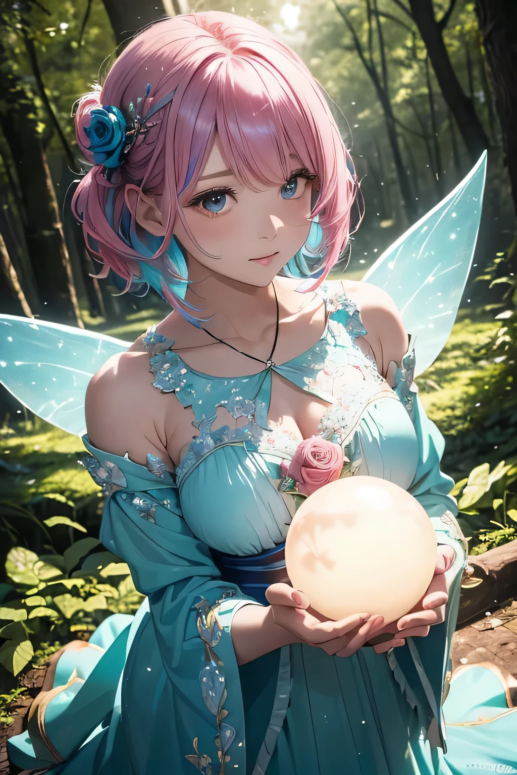 forest fae,a pixie cut,(((fairy wings:1.3))),(((The light of the orb envelops the fairy:1.3))),Deep in the forest,Sunlight,(((an animated character:1.3))),Anime-like fantasy world,(((Girl sitting:1.3))),(((reaching out her hand:1.3)),,Floral hair ornament,,Disturbance of clothing due to movement,breast slip,(((emphasizing breasts:1.3))),(((Enhance your driving motion with motion blur effects:1.3))),(Dynamic angles),(Dynamic and sexy poses),(bending forward:1.3),Colossal tits,Blush with embarrassment,Enraptured eyes,A smile that beguiles the viewer,Dreamy,Professional Lighting,realistic shadow,Solo Focus,Beautiful hands,(((Accurate five-finger:1.3))),(((Detailed finger features:1.3))),detailed clothes features,Detailed hair features,(masutepiece,top-quality,Ultra-high resolution output image,) ,(The 8k quality,),(Image Mode Ultra HD,)