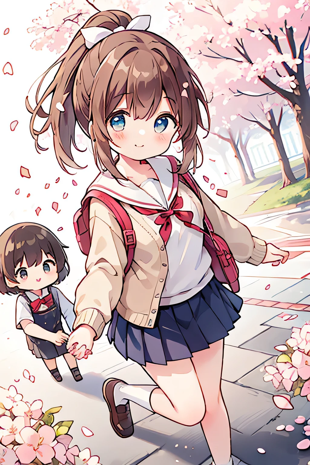  best quality、 high definition 、(High image quality:1.2)、masterpiece、 detailed background、 beautiful face in every detail 、( detailed face :1.4)、detailed expression、 detailed eyes 、 anatomically correct 、(Normal number of fingers:1.4)、Teenage beauty、 brightly colored hair color 、 braided bob cut 、 ponytail、 perfect body line、Well-groomed eyebrows、 Neat and elegant impression 、Neat and cute、(While holding hands with friends and chatting with a smile, they happily go to school while cherry blossom petals dance:1.5)、
 She slowly opens that door with anticipation and a little anxiety 、 When I found a friend walking with me, my nervous expression brightened up quickly and I sprinted up 、 plus a sailor-collar jacket 、 It's cute when frills and ribbons are attached 「Good luck 」 、 The uniform was still a little stiff and the ribbon was finally decided quickly thanks to the mother tying it many times {x} The road to school feels a little far, but I can see the courage to take a small step forward in the figure of carrying a backpack、 Simple pumps with black or brown loafers and ribbons are elegant Summary 、 a new world starting today 、 Accent her chest with a small ribbon tie or scarf 、
 round collar knit cardigans （ pink、Mint Green、 cream colors, etc. ）、 If the cardigan contains small embroidery or patches, it makes it look cute 、 A-line skirts and jumper skirts 、 dot patterns and striped patterns are also recommended 、 Wear a simple white blouse or collared t-shirt under the cardigan Matching 、 crew socks with small ribbons or colorful one-point designs、Sneakers are OK 、 If you choose something in white or pastel colors, the girly feeling is emphasized 、Neat and cuteコーデ、cute