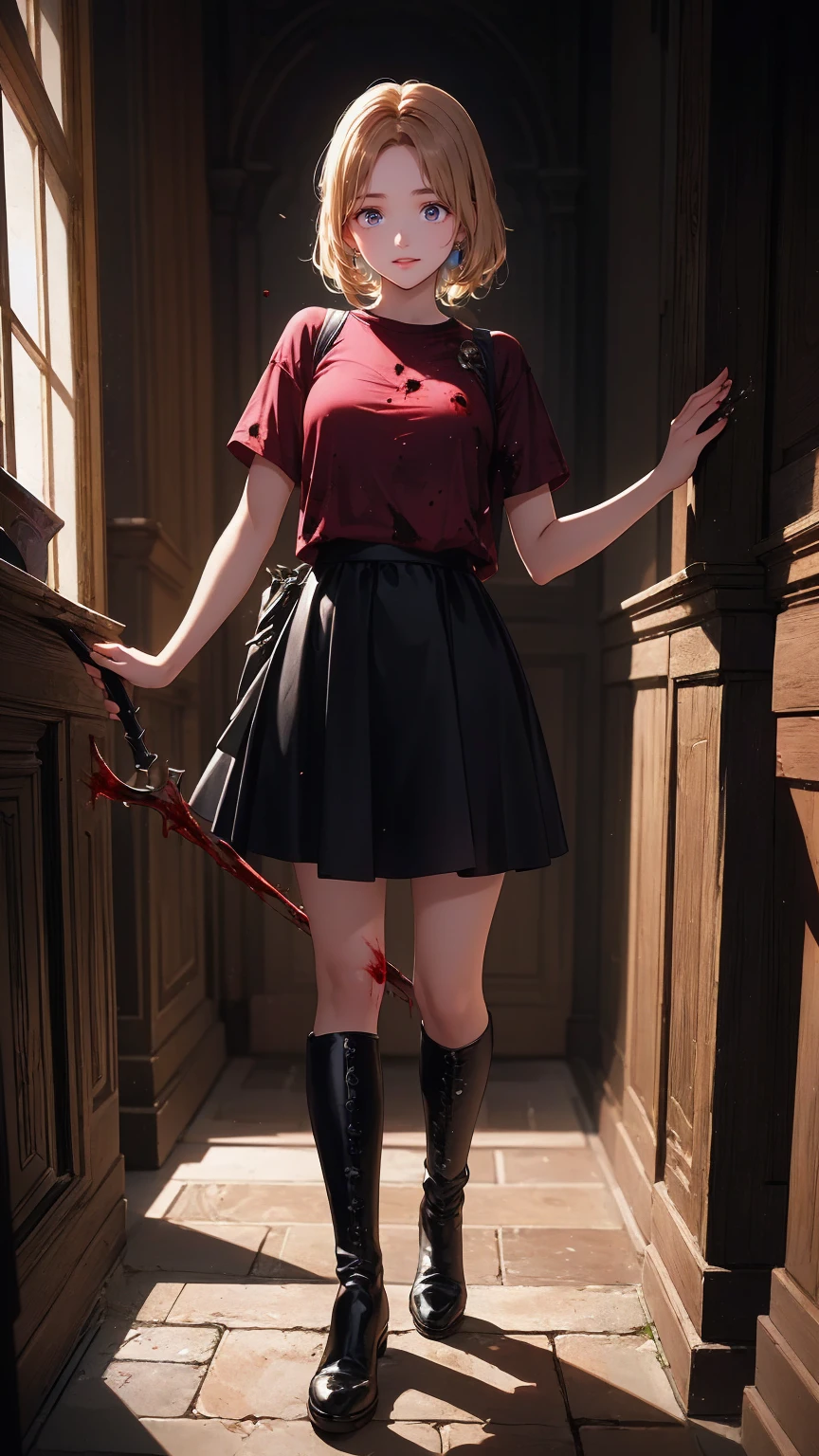 Shadowy Face　、beautiful girl、とてもcute天使、 pink t-shirt 、cute、baby face、smile、 Long Skirt、 BLACK LONG BOOTS 、.(  best quality ,4K, high definition ,  Masterpiece :1.2),  very detailed,Realistic:1.37,  Spooky altar background  ,Dark fantasy,Red Scheme ,Ominous atmosphere,Eye-catching,story,anatomy,Anime Style,  concept art,beautiful細部までこだわった顔と (((red eyes ))),A terrifying ritual ,Satan's Ritual  ,Premature death,Inappropriate behavior, smile ,Scythe Face,Girl Monster, beautiful,  delicate facial features,   sharp eye,  sharp fangs, pale Skin, Dark Background,   movie lights, Dramatic Shadows,  gothic,   Being in a Dark Atmosphere , Dark fantasy, 1 person&#39;S,  please open your mouth wide ,  In the dark atmosphere of 。 open your mouth and peel your fangs  , Beastly Sharp Teeth , Wide lips, Very big mouth,  red cheeks , ,( Blood Splatter :1.4),Scary smile, smile, angel design , TwiSted smile、Bloody、Head bleeding,,,,,、 Blood Splatter 、,( Blood Splatter :1.4), skull bones,devil&#39;s gun,Horror Style, (( Fantasy Sweet Taffle Ruffle Pink Costume)), ((  Flowing blonde hair  )), ,( Blood Splatter :1.4),Female Curves,  sexy flat stomach ,   perfect hand, Perfect anime face, (Pink Tata Dress)),  standing, ((悪のsmile)), ,( Blood Splatter :1.4), Steam circulation, Moonlight Illumination, night lighting, ( Blood Splatter :1.6),アニメ angel design , TwiSted smile、Bloody、Head bleeding,,,,,、 Blood Splatter 、,( Blood Splatter :1.4),  skull bones,Gothic architecture、Western architecture、  fantasy world  、,Victorian city, Skeleton Gas Light, absurd,  high definition 、 ((   table top naked underneath the jacket)), ((  best quality )), (  very detailedな), ((  very detailed)), (beautiful), ((cute)), (NFSW:1.8), Alone,(:1.6)、(world&#39;最も恐ろしく気味の悪いdevilの女の子:1.5)beautiful face、  Full Body Esbian 、pale, beautiful肌、beautiful金の髪、smile gently、Dark building ruins、(snow white&#39; ruffle dress:1.3)、( Dark Ruins Are Stained with Blood :1.3)、Low angle full body shot、(少女は血の海の中に standing:1.5)、(The ground :1.3)、( that girl lost a ton of blood ....:1.3)、( smile :1.6)、Spirit、( Blood dripping from the mouth :1.3)、
