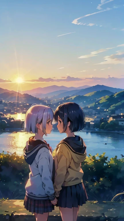  two girls、キスをしている two girls、Hill with a view of the sea、The sun goes down