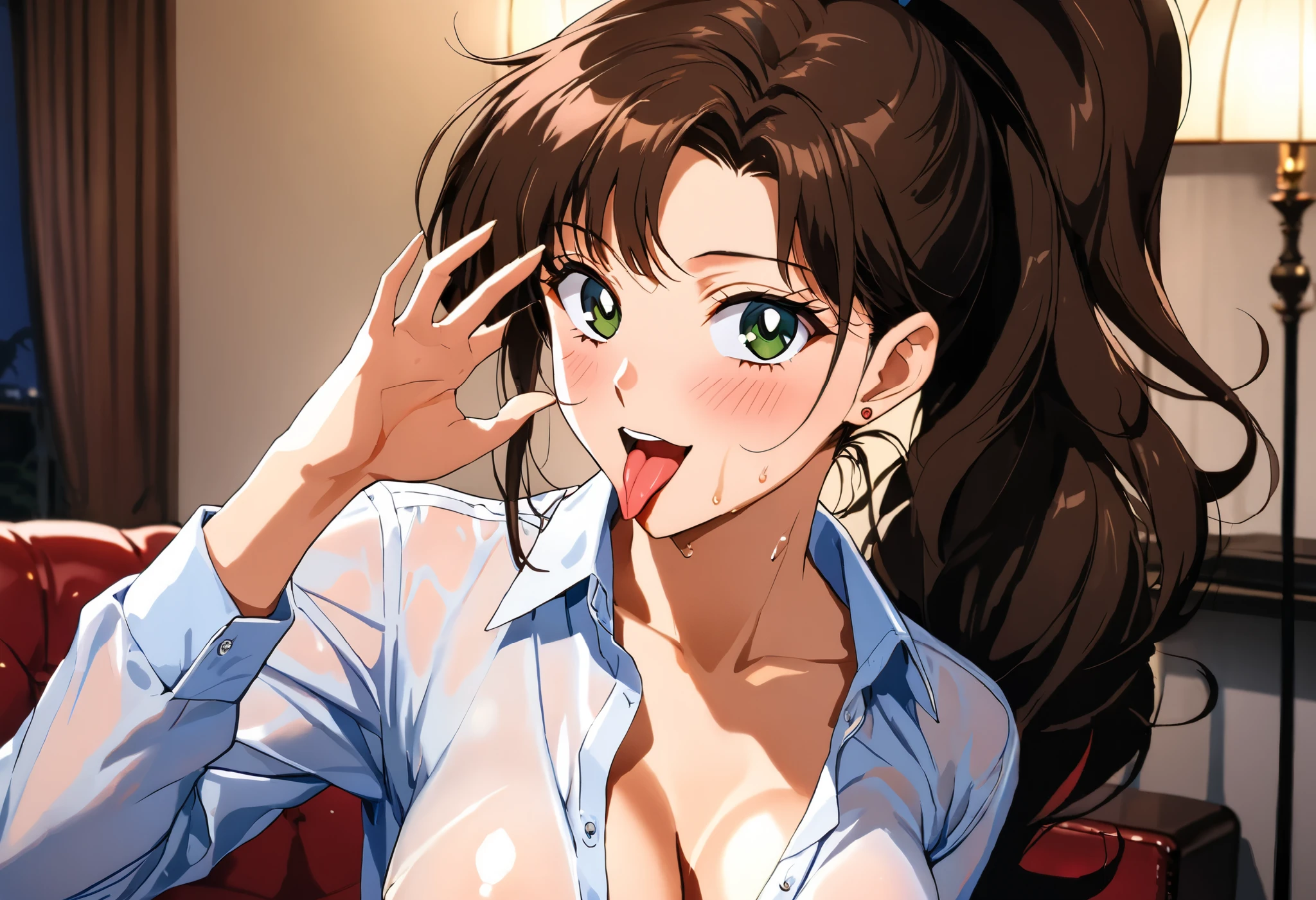 masterpiece, Best Quality, 16k,High resolution, (Makoto kino),1990s \(style\),(E-cup beautiful breasts)、 (tall:1.2),height: 175cm,Fashion model body type、Sexy long legs,Unbuttoned long sleeve button-up shirt、Sexy black lace lingerie、Abdominal muscles、Sweating all over the body、vapor、Muscular、1girl and 1boy,nsfw,happy,smile,(Ahegao:1.1),blush,(vulgarity:1.6)、Anime-style painting style,Brown Hair、Ponytail Hair、Close up on upper body,Cinematic lighting,Superfine,magnificent view、The background is the living room at home、morning,(fellatio gesture:1.1),open mouth,tongue,tongue out,drooling looking at viewer