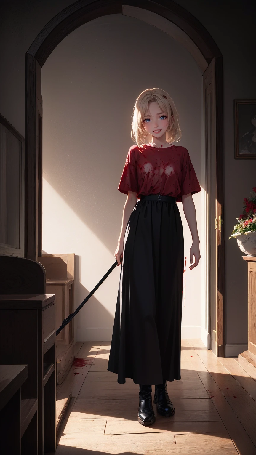 Shadowy Face　、beautiful girl、とてもcute天使、 pink t-shirt 、cute、、smile、 Long Skirt、 BLACK LONG BOOTS 、.(  best quality ,4K, high definition ,  Masterpiece :1.2),  very detailed,Realistic:1.37,  Spooky altar background  ,Dark fantasy,Red Scheme ,Ominous atmosphere,Eye-catching,story,anatomy,Anime Style,  concept art,beautiful細部までこだわった顔と (((red eyes ))),A terrifying ritual ,Satan's Ritual  ,Premature death,Inappropriate behavior, smile ,Scythe Face,Girl Monster, beautiful,  delicate facial features,   sharp eye,  sharp fangs, pale Skin, Dark Background,   movie lights, Dramatic Shadows,  gothic,   Being in a Dark Atmosphere , Dark fantasy, 1 person&#39;S,  please open your mouth wide ,  In the dark atmosphere of 。 open your mouth and peel your fangs  , Beastly Sharp Teeth , Wide lips, Very big mouth,  red cheeks , ,( Blood Splatter :1.4),Scary smile, smile, angel design , TwiSted smile、Bloody、Head bleeding,,,,,、 Blood Splatter 、,( Blood Splatter :1.4), skull bones,devil&#39;s gun,Horror Style, (( Fantasy Sweet Taffle Ruffle Pink Costume)), ((  Flowing blonde hair  )), ,( Blood Splatter :1.4),Female Curves,  sexy flat stomach ,   perfect hand, Perfect anime face, (Pink Tata Dress)),  standing, ((悪のsmile)), ,( Blood Splatter :1.4), Steam circulation, Moonlight Illumination, night lighting, ( Blood Splatter :1.6),アニメ angel design , TwiSted smile、Bloody、Head bleeding,,,,,、 Blood Splatter 、,( Blood Splatter :1.4),  skull bones,Gothic architecture、Western architecture、  fantasy world  、,Victorian city, Skeleton Gas Light, absurd,  high definition 、 ((   table top naked underneath the jacket)), ((  best quality )), (  very detailedな), ((  very detailed)), (beautiful), ((cute)), (NFSW:1.8), Alone,(:1.6)、(world&#39;最も恐ろしく気味の悪いdevilの女の子:1.5)beautiful face、  Full Body Esbian 、pale, beautiful肌、beautiful金の髪、smile gently、Dark building ruins、(snow white&#39; ruffle dress:1.3)、( Dark Ruins Are Stained with Blood :1.3)、Low angle full body shot、(少女は血の海の中に standing:1.5)、(The ground :1.3)、( that girl lost a ton of blood ....:1.3)、( smile :1.6)、Spirit、( Blood dripping from the mouth :1.3)、
