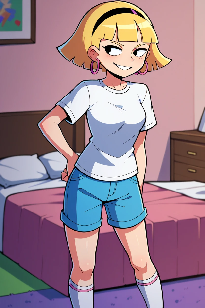 score_9_up,score_8_up,score_7_up,score_6_up,score_5_up,score_4_up BREAK olga pataki, 1girl, solo, blonde hair, black eyes, short hair, blunt bangs, hand on own hip, arm behind back, contrapposto, purple t-shirt, blue shorts, white socks,black headband,hoop earrings, smile,dutch angle, bedroom, bed, pink walls, purple rug