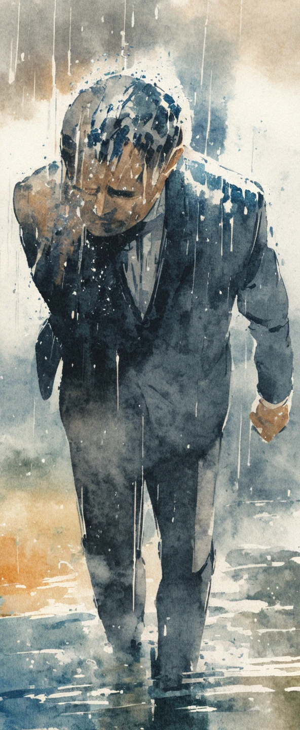 watercolor painting of a man in suit in the rain. full body shot of the man who is soaked under the rain. he tilts his head up to face the rain, the rainwater flows down his face. he is walking in the street, holding his hands out to feel the rain. watercolor brushes stroke painting style. the sky is dark.