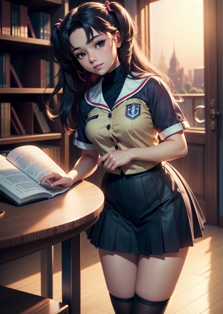 ((masterpiece)), ((best quality)), ((highres)), ((detailed background)), ((extremely detailed CG unity 8k wallpaper)), solo,sex,library, natural lighting, sunset, ichinose kotomi, clannad uniform, blue skirt, black socks, two side up, hair ornaments