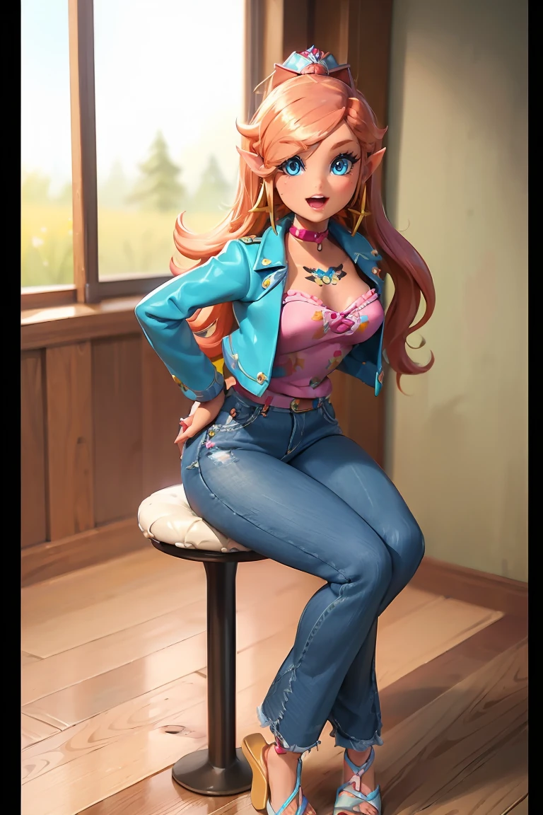 1girl, solo, saggy breast, open mouth, BarbieV1, rosalina, zelda, standing, dancing pole, jacket, dark red hair, hand on hips, tattoo, jeans, looking up, full body, flipflops, sitting