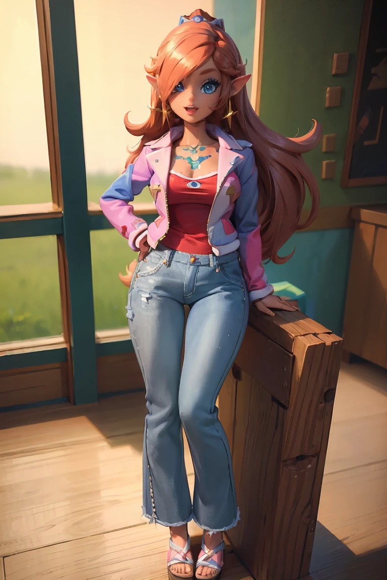 1girl, solo, saggy breast, open mouth, BarbieV1, rosalina, zelda, standing, dancing pole, jacket, dark red hair, hand on hips, tattoo, jeans, looking up, full body, flipflops, sitting