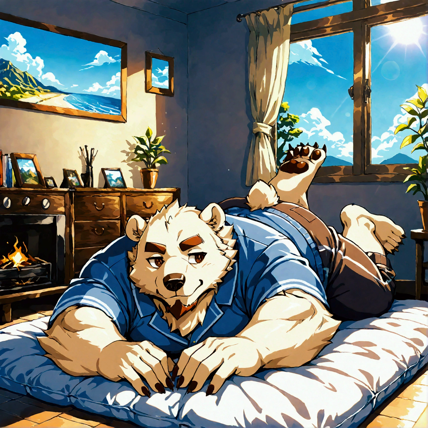 character focus, full body, looking away, various angle, a plump middle-aged polar bear man, clothed, nightwere, lying, relax pose, BREAK complete anatomy, perfect proportions, beautiful thigh gap, fluffy body, intricate fur details, beautiful fur texture, BREAK a detailed polar bear tail, detailed toe, detailed foot, detailed hands, 5fingers, 5fingers nails, BREAK aesthetic anime face, insanity detailed face, male face, big face, square jawline, aesthetic anime eyes, detailed brown eyes, detailed brown cornea, detailed dark brown irises, detailed pupils, male eyes, big eyes, male eyebrows, innocent look, beautiful beard, BREAK full body in Michelangelo Buonarroti style, digital illustration anime, housamo style, detailed painting landscape, bedroom, indoor, full color, HDR, BREAK masterpiece, official art, best quality, very aesthetic, absurdres, super fine illustration, great quality, BREAK noise reduction, very highres, large filesize, high quality, 32K, 8k wallpaper, dynamic lighting, BREAK insanity detailed, ultra detailed, intricate details, extremely detailed, detailed texture, an extremely delicate and beautiful, BREAK osukemo, e621 illustration, Fur Affinity illustration, kemohomo, anthropomorphic, furry, cartoon, harmonious body, pastoral face, virtuous eyes, cute atmosphere