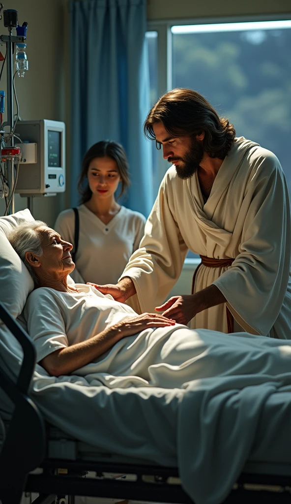 (photorealism:1.2), handsome Jesus Christ holding the hand of an old patient, sitting on bed beside of old patient that laying in bed in the hospital with many apparatus attach, wearing a lime color of king clothes with light in his heart and head sparkling all over, many diamonds, nice hair, indoors, soft lighting, hospital bed in the background, window with sunlight, cozy room, relaxed pose, realistic, intricate details, warm colors,