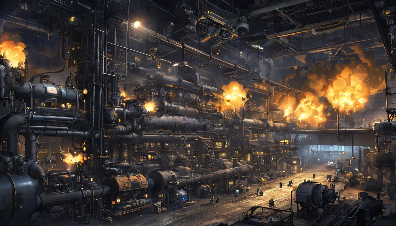 Concept art wallpaper, new super mario video game, Bob-Ombs factory, dark environment full of Bob-Ombs, some exploding, there are robot-shaped bombs building and repairing, there is fire and laba, nintendo concept art, the factory have machines with super mario stars eyes