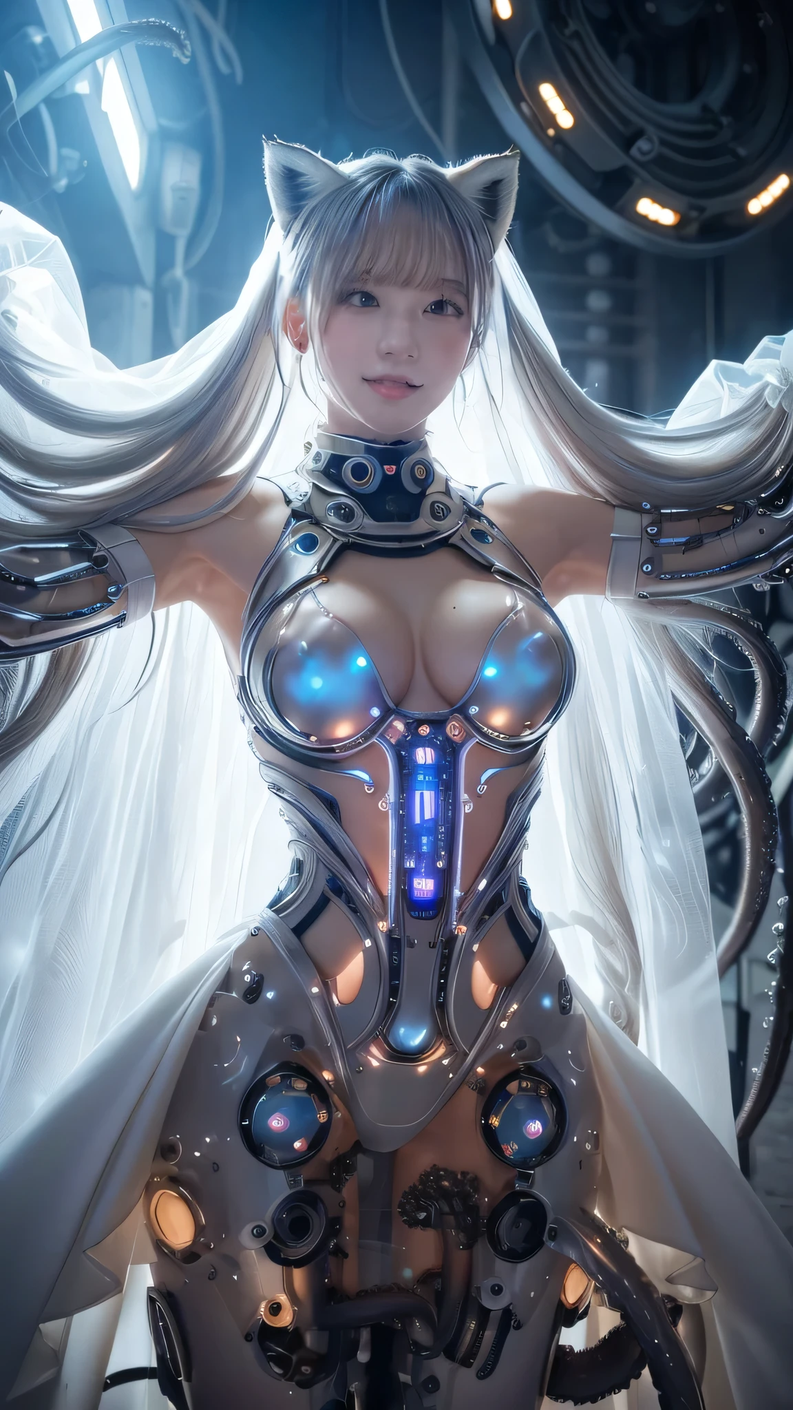 Masterpiece , beautiful realistic character representation , Her hair is long, Silky Silver , clear , Glowing dimly, fox-like ears , Twin tails in a hairstyle woven by nature's whispers , And bushy, Silver Fox Tail , 口がweakい, look up , Electronic circuits engraved on her body shine fascinatingly , Eyes that plead, Lower, (Perfect Ecstasy:1.5), weak々funny face, hypnotism, brainwashing, Shows her falling into the dark , She has rich breasts , (Spread your legs wide:1.5), (A futuristic tentacle-like mechanical dress with a wedding dress as a motif:1.5), (Euphoric state:1.5), Wide neckline, , beautiful silhouette , Expose shoulders and chest, that'Slightly greyish tint,She has fans in Japan..., , Ethereal elegance.The style is realistic, Realistic textures and attention to detail