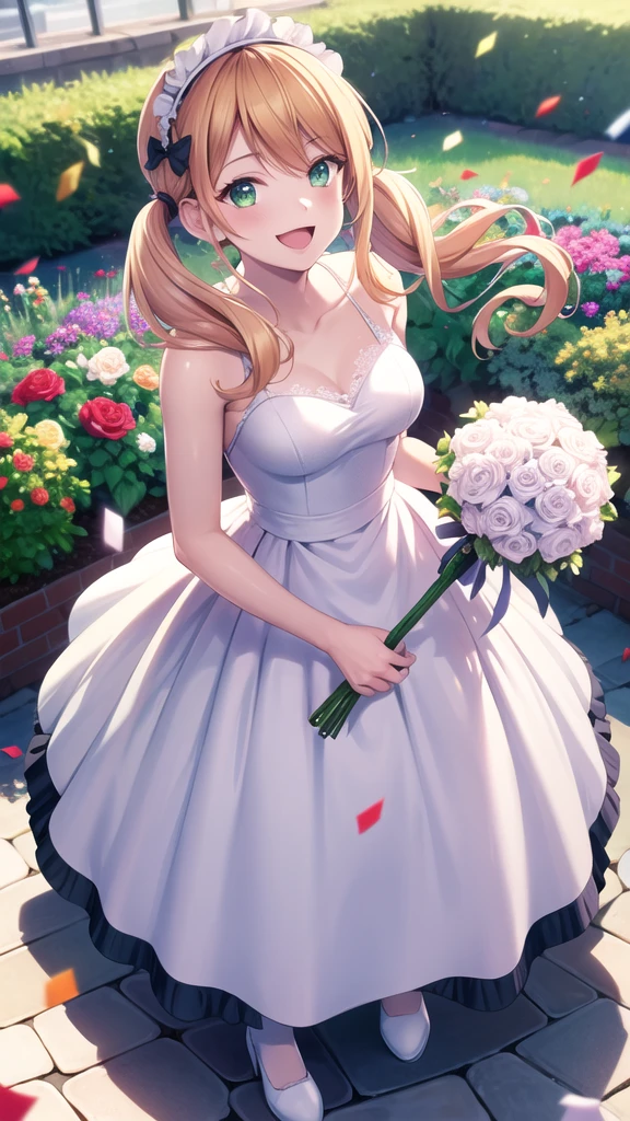 masterpiece, best quality, highres, 1girl, solo, blonde hair, low twintails, hair bow, green eyes, wedding Dress, standing, garden, confetti, holding bouquet, smile, open mouth,