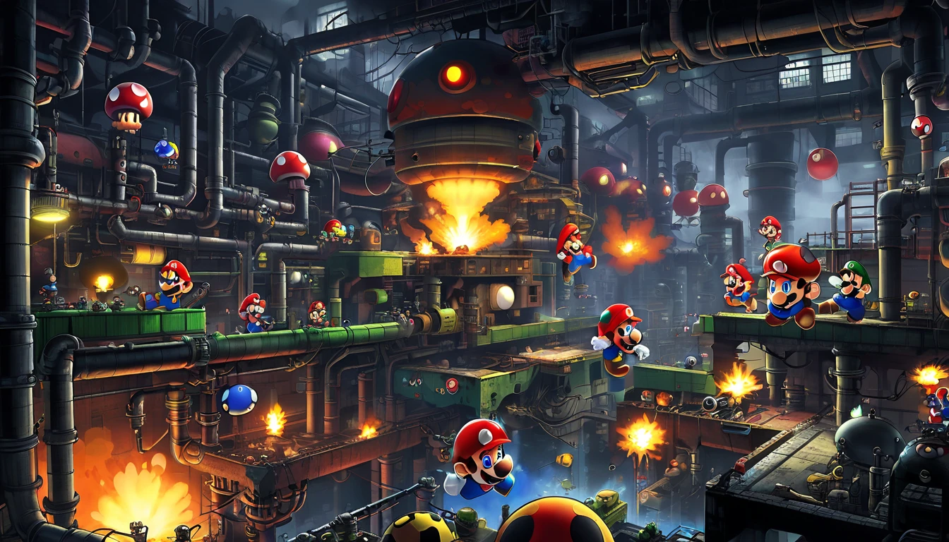 Concept art wallpaper, new super mario video game, Bob-Ombs factory, dark environment full of Bob-Ombs, some exploding, there are robot-shaped bombs building and repairing, there is fire and laba, nintendo concept art