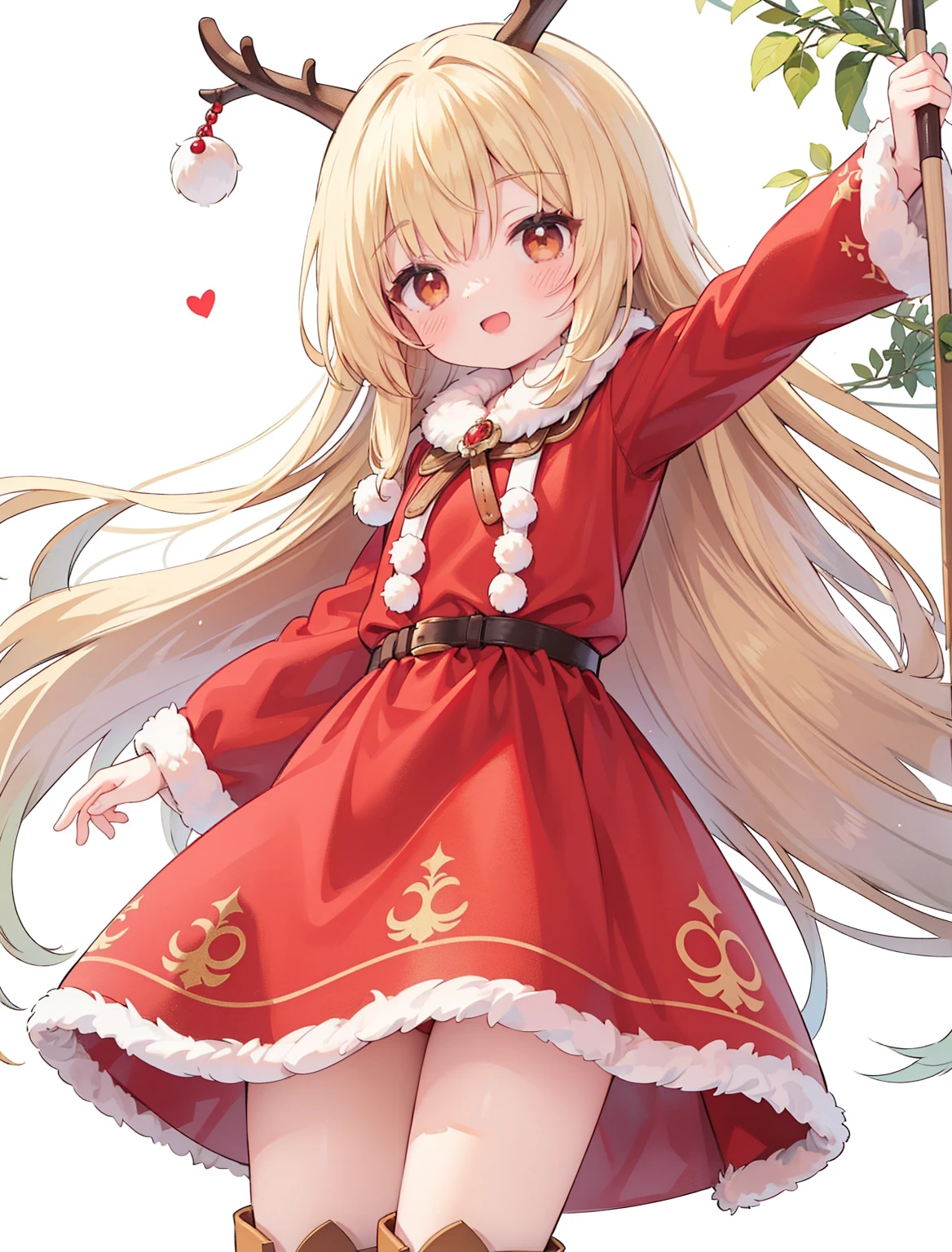 eautiful face ， tMasterpiece、 tMasterpiece, first-class, 1 girl in, A girl stands, best quality , 1 girl in, The explosion, Alone, Start-up, , ssmile, With open mouth, very cute smile, looking at the viewer , arms stretched wide, a red Santa Claus costume, reindeer antler , very long blonde hair , brown boots, longer red sleeves , Red long dress, knee-high boots, Through pony,, brown eyes, long Blonde hair, hair between the eyes ,Jump up , white background, bedeckte beine, schlanke beine, rote strumpfhose, nackte hände, bedeckte schultern