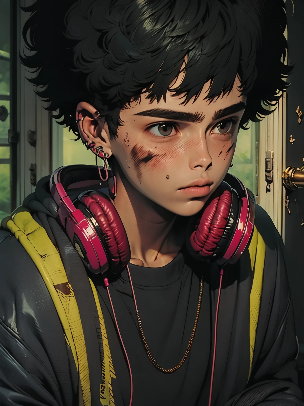  19-year-old boy wearing Headphones while listening to music,  has black and curly hair ,  he has a melancholic and serious face ,  has a bruise on his mouth ,  which makes him look sexier ,  and wears an earring on his left ear  , He wears a black sweatshirt  (dark) (high quality) (perfect proportions)