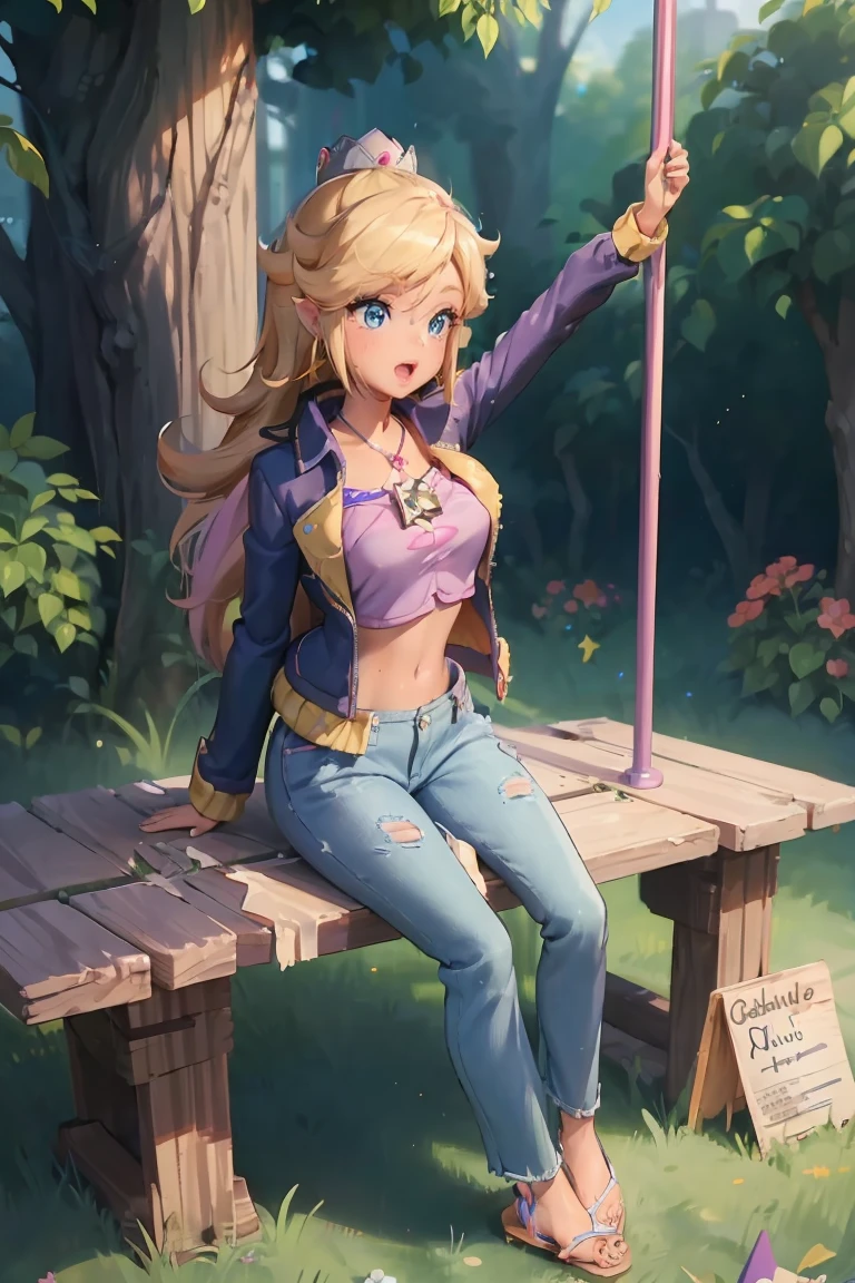 1girl, solo, big breast, open mouth, BarbieV1, rosalina, zelda, standing, dancing pole, jacket, dark purple hair, hand on chest, small black tattoo, short jeans, looking up, full body, flipflops, sitting, sweating, kiki