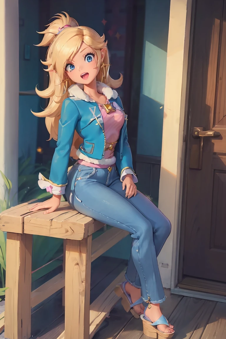 1girl, solo, big breast, open mouth, BarbieV1, rosalina, zelda, standing, dancing pole, jacket, dark purple hair, hand on chest, small black tattoo, short jeans, looking up, full body, flipflops, sitting, sweating, kiki