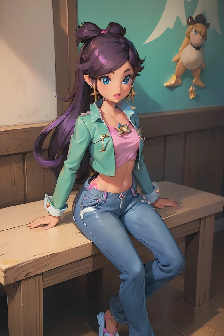 1girl, solo, big breast, open mouth, BarbieV1, rosalina, zelda, standing, dancing pole, jacket, dark purple hair, hand on chest, small black tattoo, short jeans, looking up, full body, flipflops, sitting, sweating, kiki