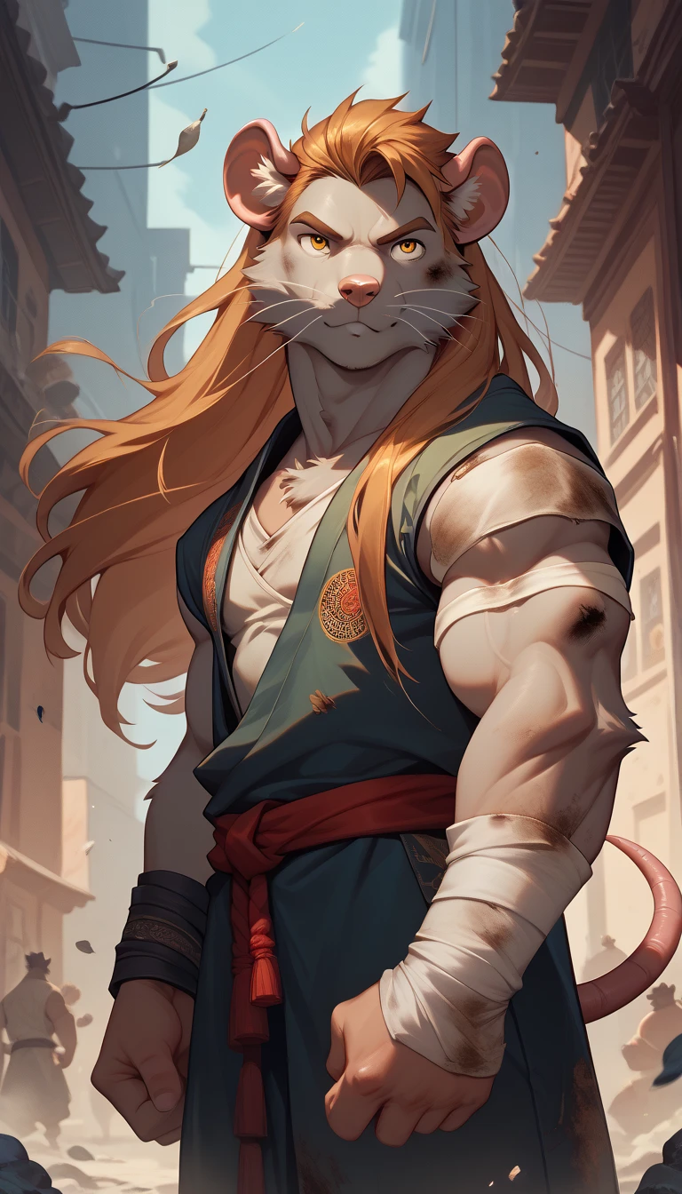 Alone,long hair,golden eyes, hairstyle, monk,buff,young,dirty clothes, bandages, fur-trimm,rat furry,master Splinter, dark city background 