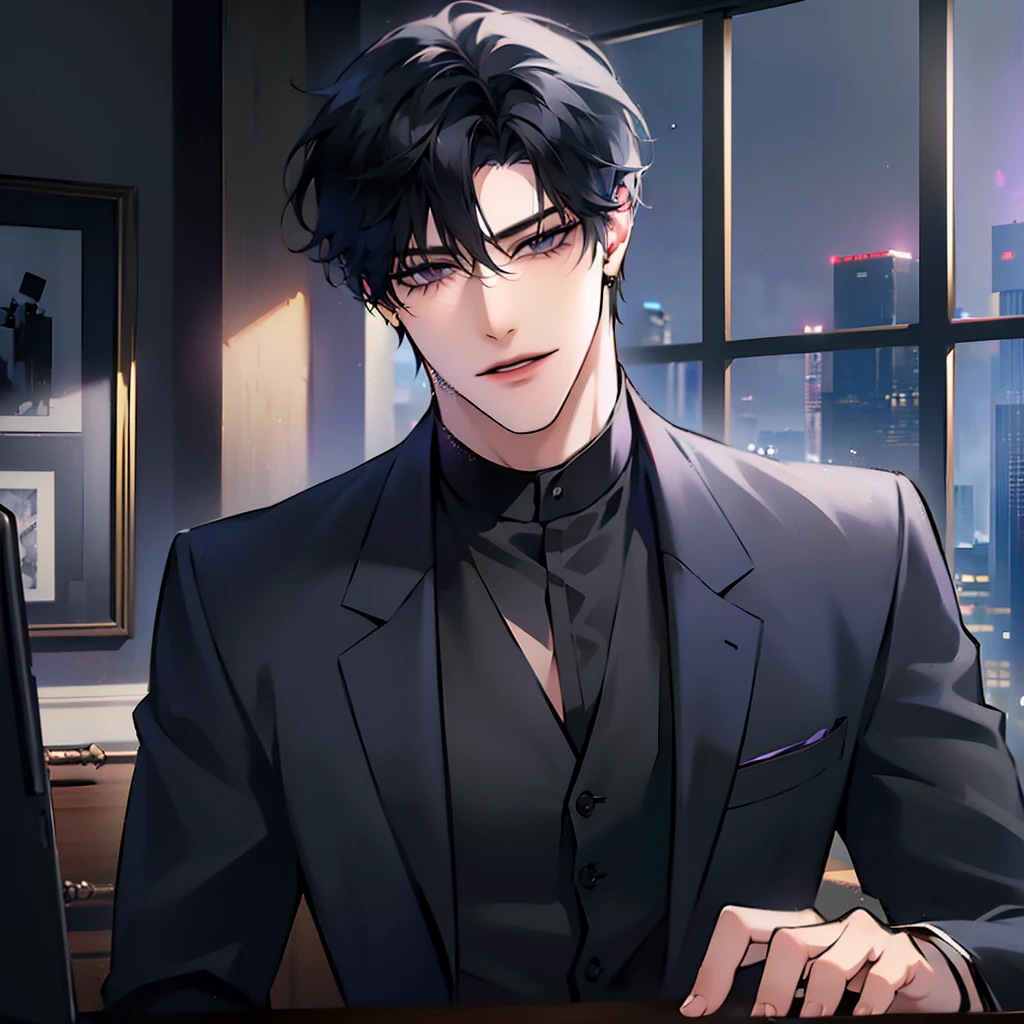 (masterpiece, 4k, 8k, high quality, best quality:1.6), 1boy, solo, short hair, black hair, asymmetrical fringe, purple eyes, handsome, sharp eyes, (mature male, mature:1.2), male focus, fashionable, tucked in open white collared shirt, black vest, gray pants, necklace, smile, long eyelashes, detailed face, beautiful detailed eyes, intricate details, detailed eyes, dramatic shadows, perfect anatomy, dark office, indoors, windows, moonlight, dark atmosphere