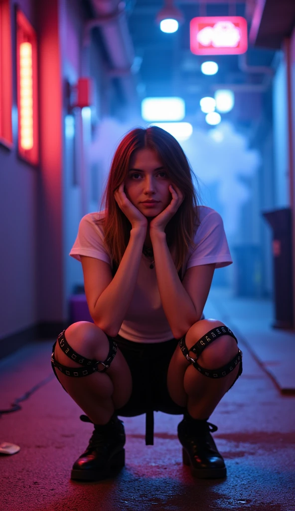 (high quality, 8k, 4k, high contrast, masterpiece:1.2, 最high quality, better aesthetics), (dynamic angle), ((1 female)),((crouched)), ((Graffiti:1.3)), ((flat color)),high contrast, contrasting colors, , Pale pink and blue lighting, white long sleeveTshirt,denim shorts,(White loose socks),sneakers, Looking at the audience, (beautiful style), tired eyes, ((chest hair, anime, contras53, very detailed, sensual, inviting, look in love, a hospital bed