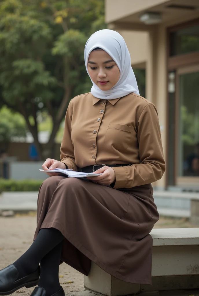  a beautiful young Indonesian woman  ((big boobs 2 .3))  sitting in front of the school yard  )). ((Wearing Islamic hijab covering the neck color white )) ((shirt pocket on the left breast )). (( buttoned shirt Indonesian high school uniform brown)).  Wearing brown school cap . Brown calf-length skirt )) (( wears black school belt )). ((feet wearing black shoes.))  black to calf socks )). full body. ((look down)) Looking at the book . (( Rough colored Cctv footage . Warm light .  Low light.))