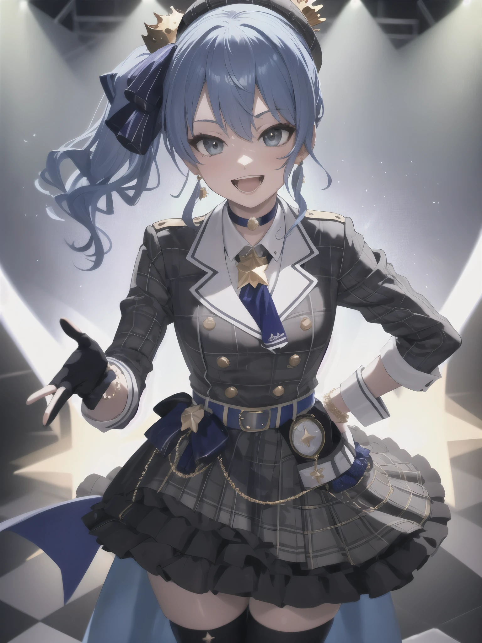 Masterpiece , best quality, absurd, perfect anatomy , SuiseiBase, plaid beret , crowns, Blue Star Choker, star earrings , Blue Ascot , Checked Jacket, checked skirt , Layered Skirt, Partial fingerless gloves, Star Bracelet, uneven legwear, seam, on stage, spotlight , putting hands on hips , smile, :d, ,