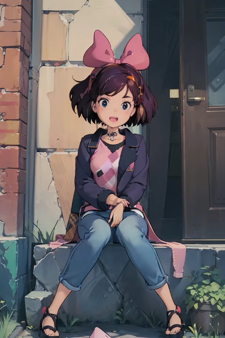 1girl, solo, big breast, open mouth, BarbieV1, rosalina, jacket, dark purple hair, hand on chest, small black tattoo, short jeans, looking up, full body, flipflops, sitting, sweating, kiki, red hair bow, black cat