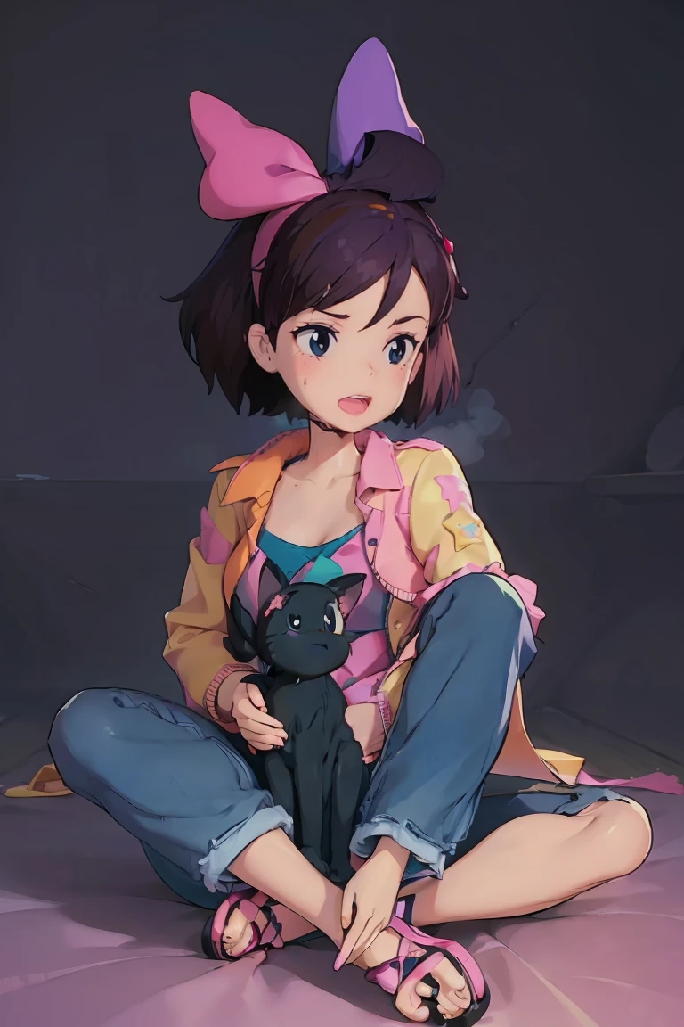 1girl, solo, big breast, open mouth, BarbieV1, rosalina, jacket, dark purple hair, hand on chest, small black tattoo, short jeans, looking up, full body, flipflops, sitting, sweating, kiki, red hair bow, black cat