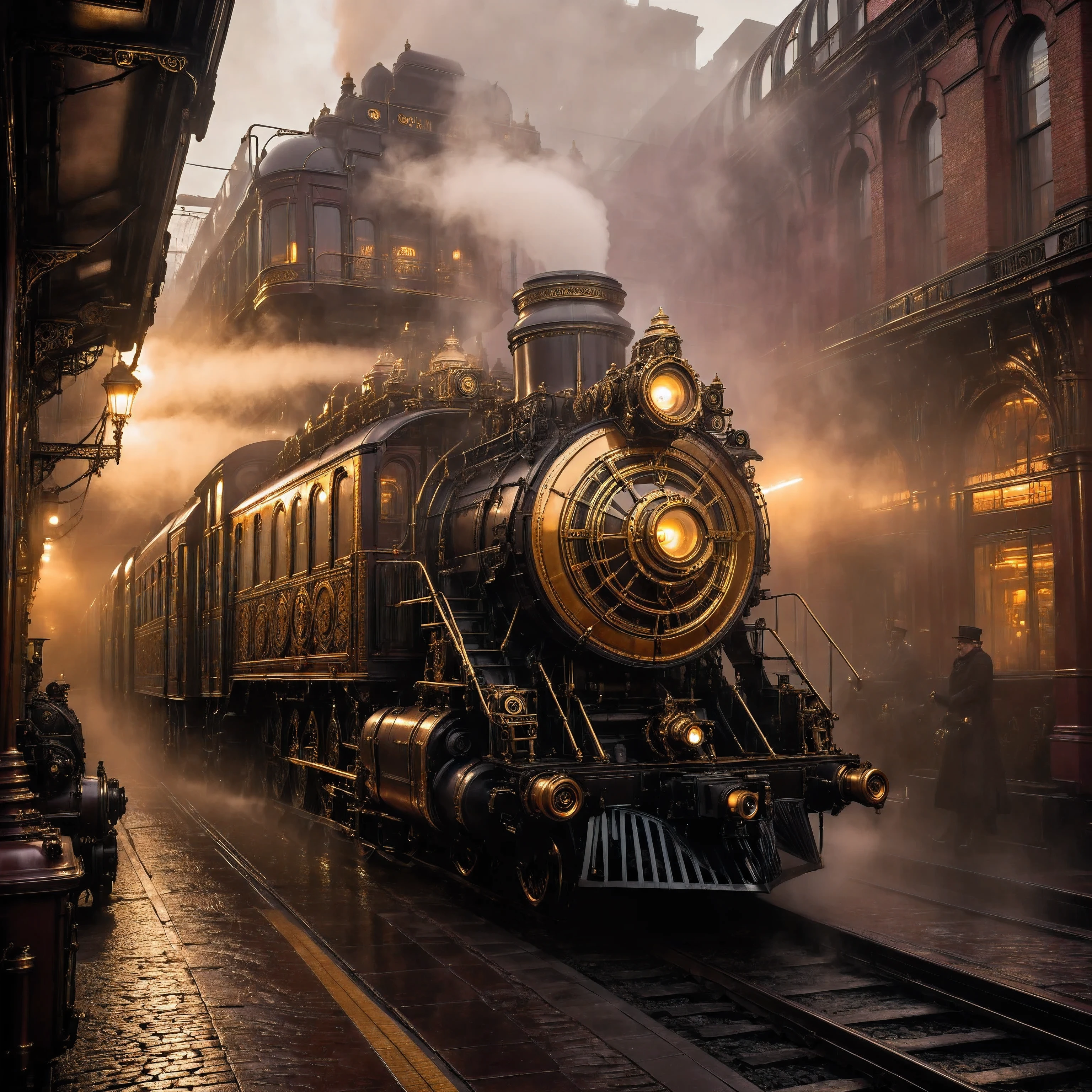 An opulent, steampunk sci-fi train gliding through a misty city street at dusk. The train's exterior is crafted from polished black metal with ornate golden accents and intricate engravings, featuring a fierce, sculpted lion head at the front, emitting steam from its mouth. Warm amber lights glow from the arched windows, illuminating the luxurious interior and casting a golden hue across the wet cobblestone streets below. Thick clouds of steam rise around the train, adding a dramatic, mystical ambiance to the scene. The city surrounding the train is a mix of Victorian and sci-fi architecture, with towering buildings adorned with gears, pipes, and metalwork. Vintage street lamps with gas-lit flames line the street, their soft glow blending with the fog. The scene is rich in atmospheric details, with a warm, sepia-toned lighting that contrasts beautifully against the dark, metallic surfaces of the train, evoking a sense of grandeur and mystery in a retro-futuristic world.






