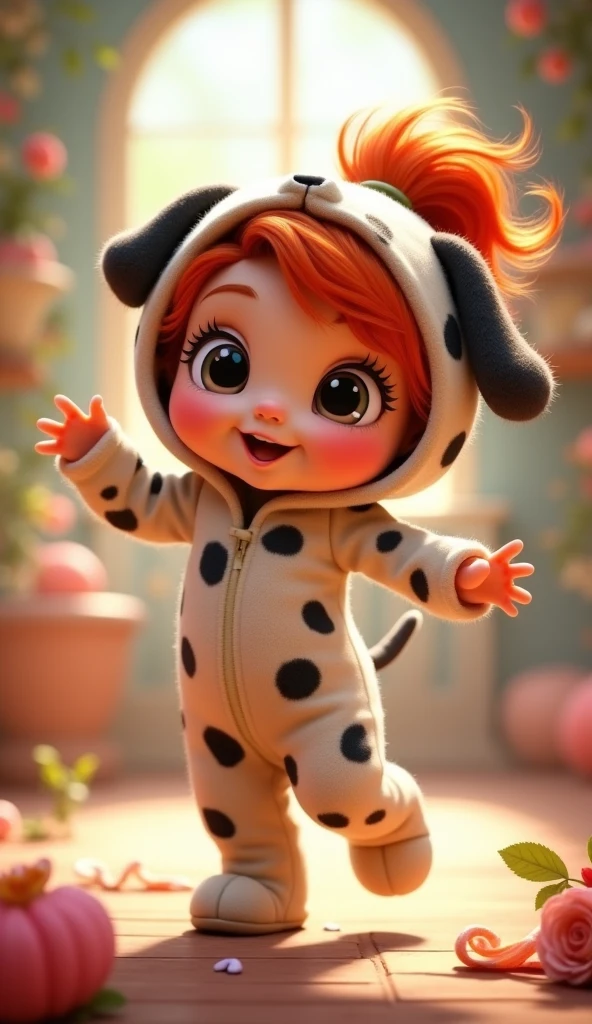 One cute chubby girl wearing a skeleton knitted sweater and high waisted purple shorts along with tight-high stripped socks and bat wing sneakers in a excited pose, red head, freckles, hair in a messy bun, purple orange and black color scheme, Halloween, cute Halloween,