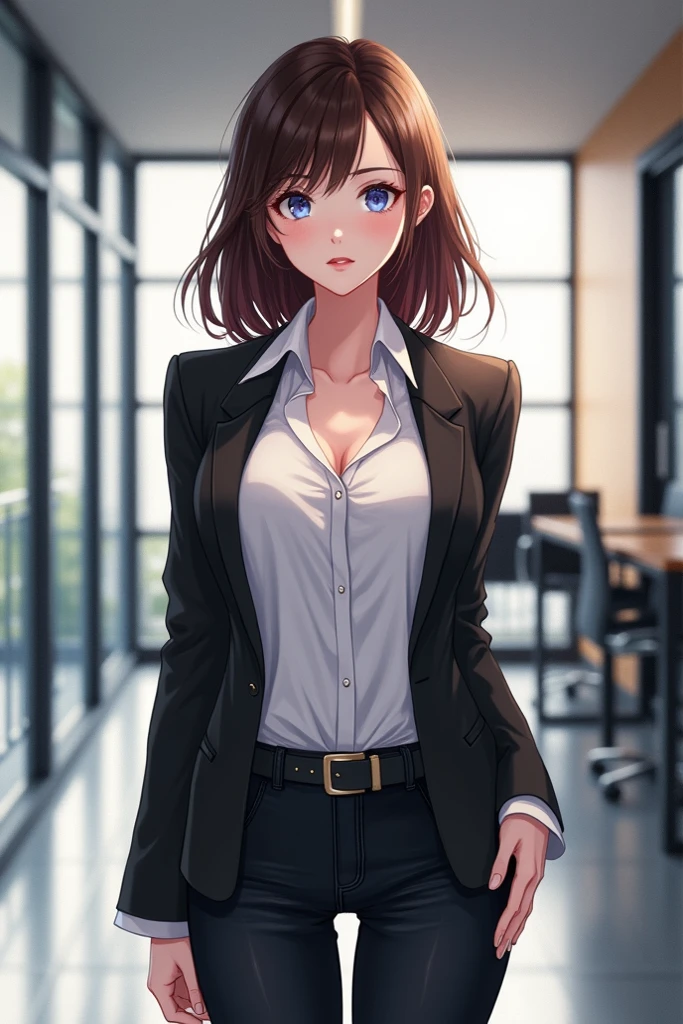 A girl with a high cold temperament, dressed in professional clothes, with a cold and ruthless face, a woman with a charming face and a shy and teay face