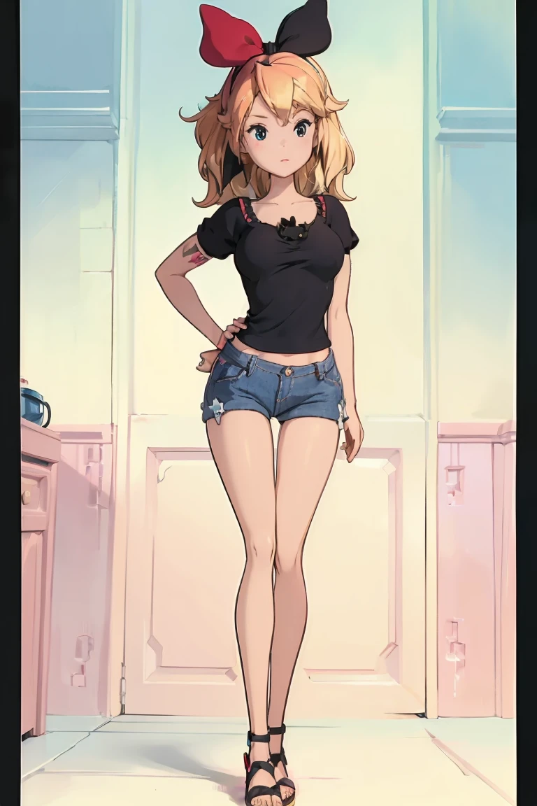 1girl, solo, huge breast, BarbieV1, rosalina, blonde hair, hand on chest, small black tattoo, short jeans, full body, flipflops, kiki, red hair bow, black cat, sexy pose