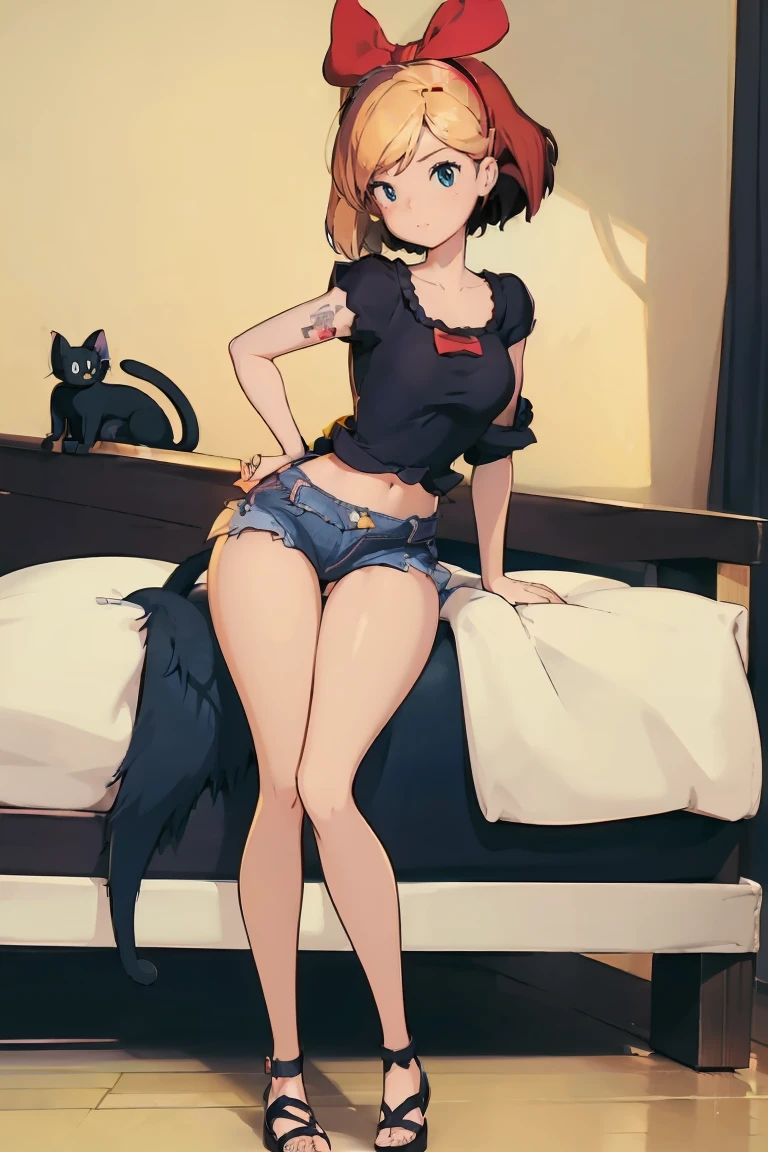 1girl, solo, huge breast, BarbieV1, rosalina, blonde hair, hand on chest, small black tattoo, short jeans, full body, flipflops, kiki, red hair bow, black cat, sexy pose