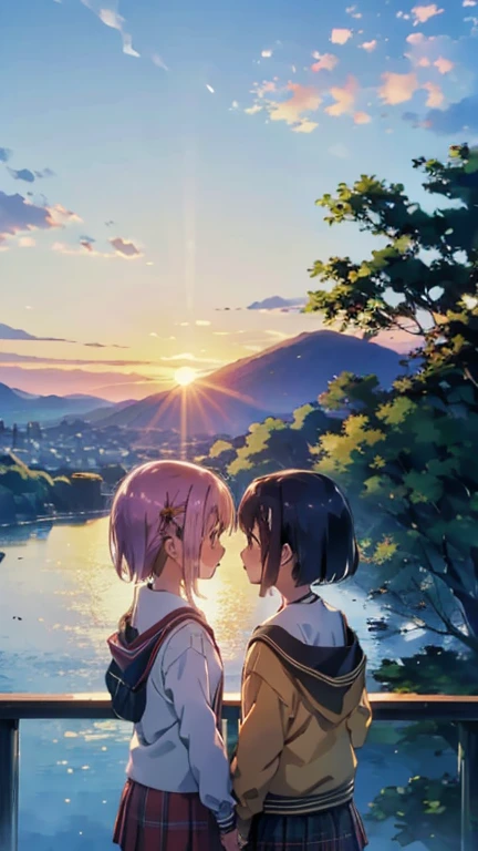  two girls、キスをしている two girls、Hill with a view of the sea、The sun goes down