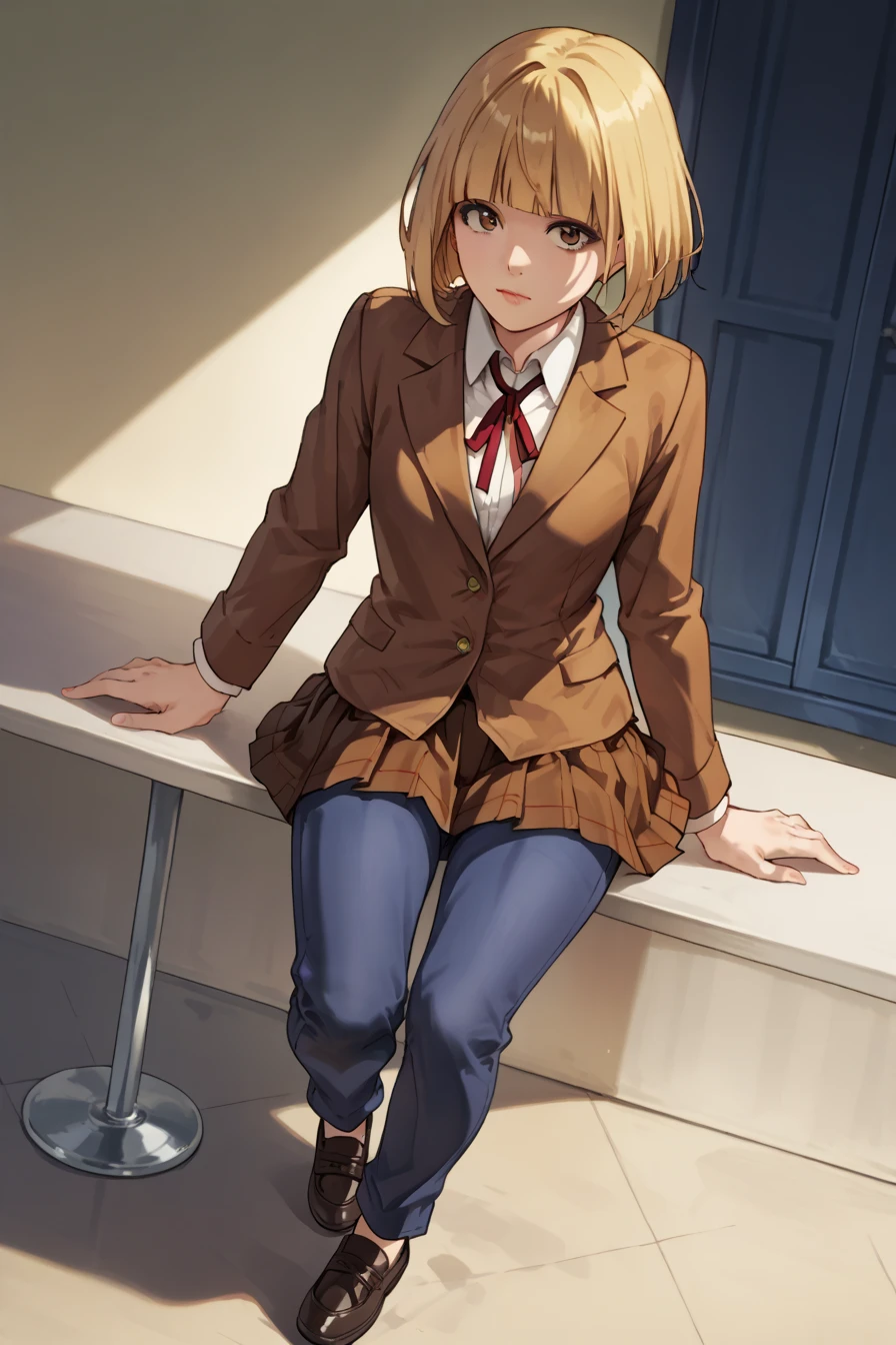 score_9, score_8_up, score_7_up, source_anime BREAK,Hana Midorikawa,short hair, skirt, bob cut, blonde hair, brown eyes,red neck ribbon, school uniform, pleated skirt, brown jacket, brown skirt, pants, short blue pants, shoes,