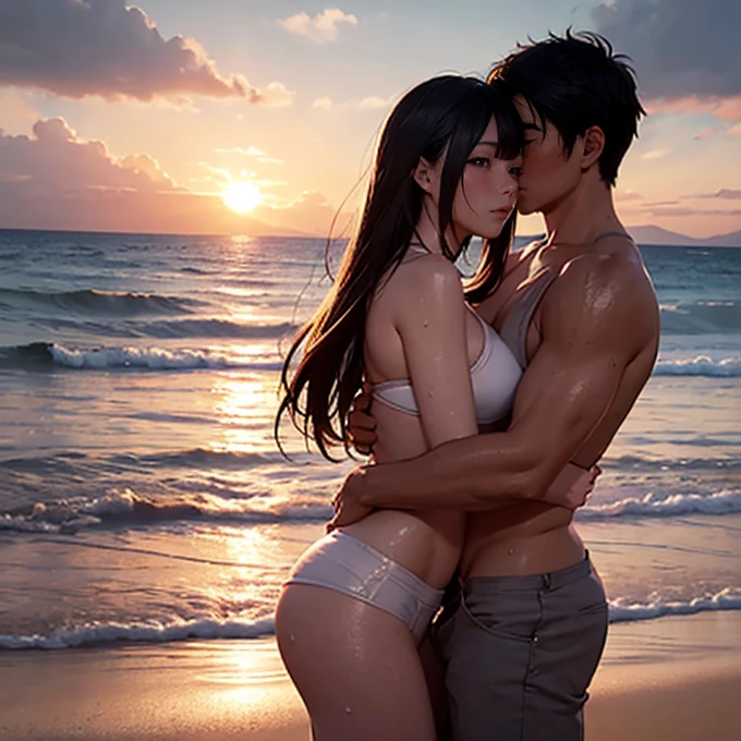 Young mother and  son, Have similar characteristics.,naked, love,,hug,beach