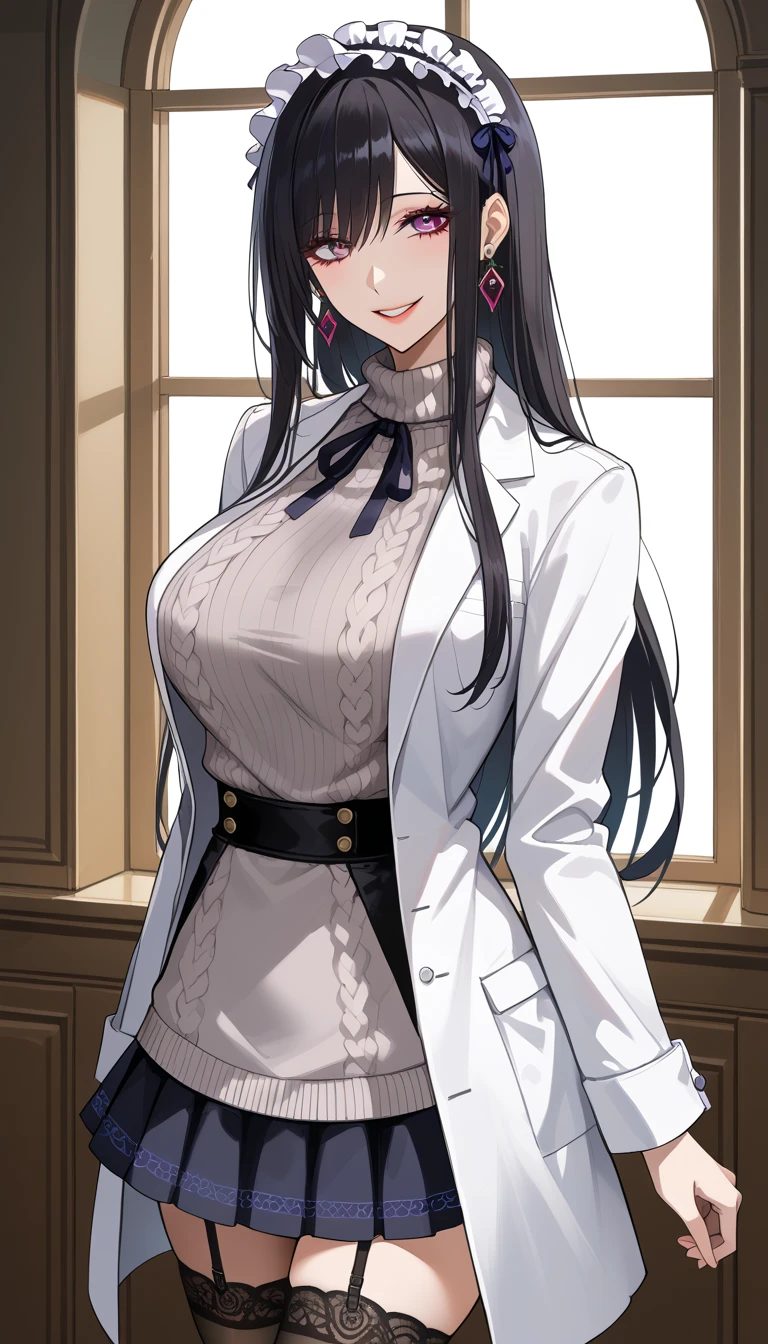  score_9,  score_8_up,  score_7_up,  source_Anime,masterpiece、 best quality, beautifully detailed eyes ,  beautiful detailed lips、highly detailed eyes and face, tired look、 long breasts, 1 female, Put on a white coat、 sweater under a white coat、 Grey Sweater 、 grey sweater、 Dowel Dowel Sweaters、Just the skirt held back the laughter from the edge of the gothic lolita 、Gothic and Lolita Skirts、 Mini Skirt、 short skirt  , Big saggy breasts, shockingly  Big Breasts ,  Big Breasts , room, 、 zitales, makeup、 no makeup、 black hair、 Long Hair、 black stockings 、 garter belt、黒の garter belt、 yandere,  yandere、  Eerie Smile , Crazy Laughter,  mouth, 